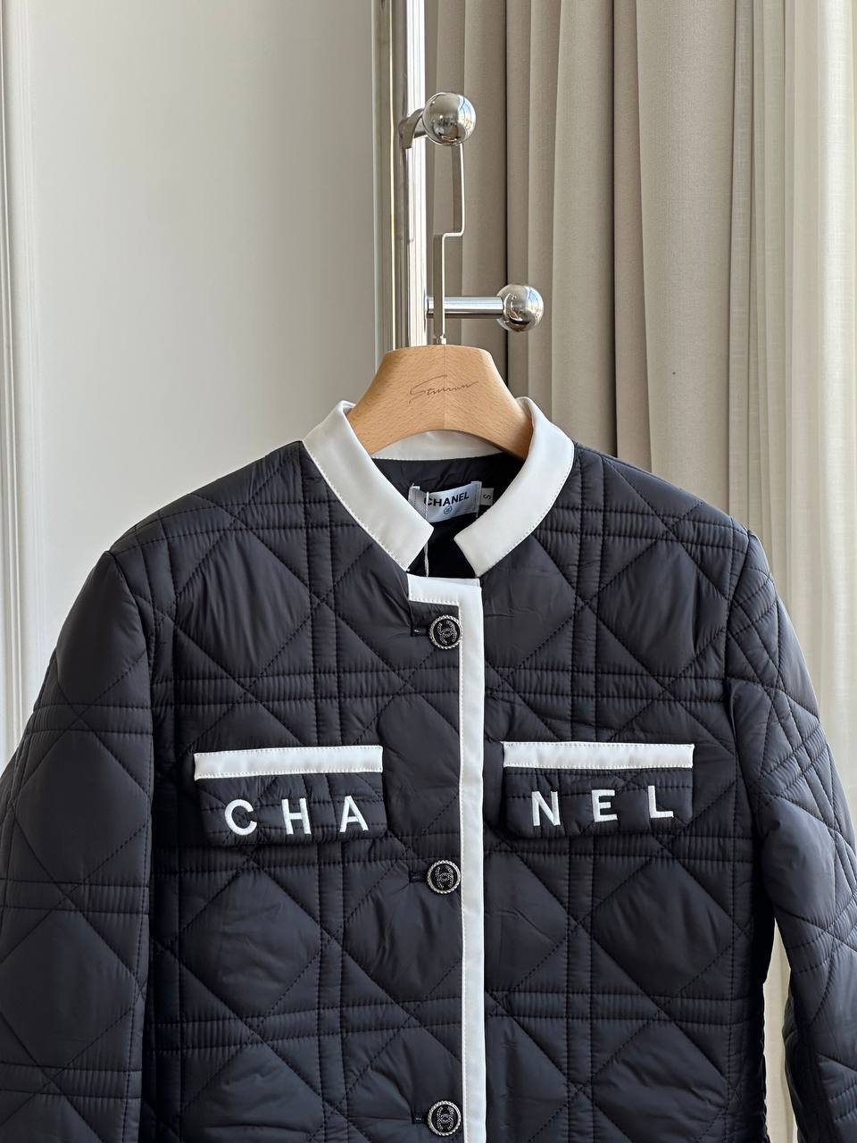 Chanel Black & White Trim Diamond Quilted Letter Pocket Stand Collar Cropped Padded Jacket