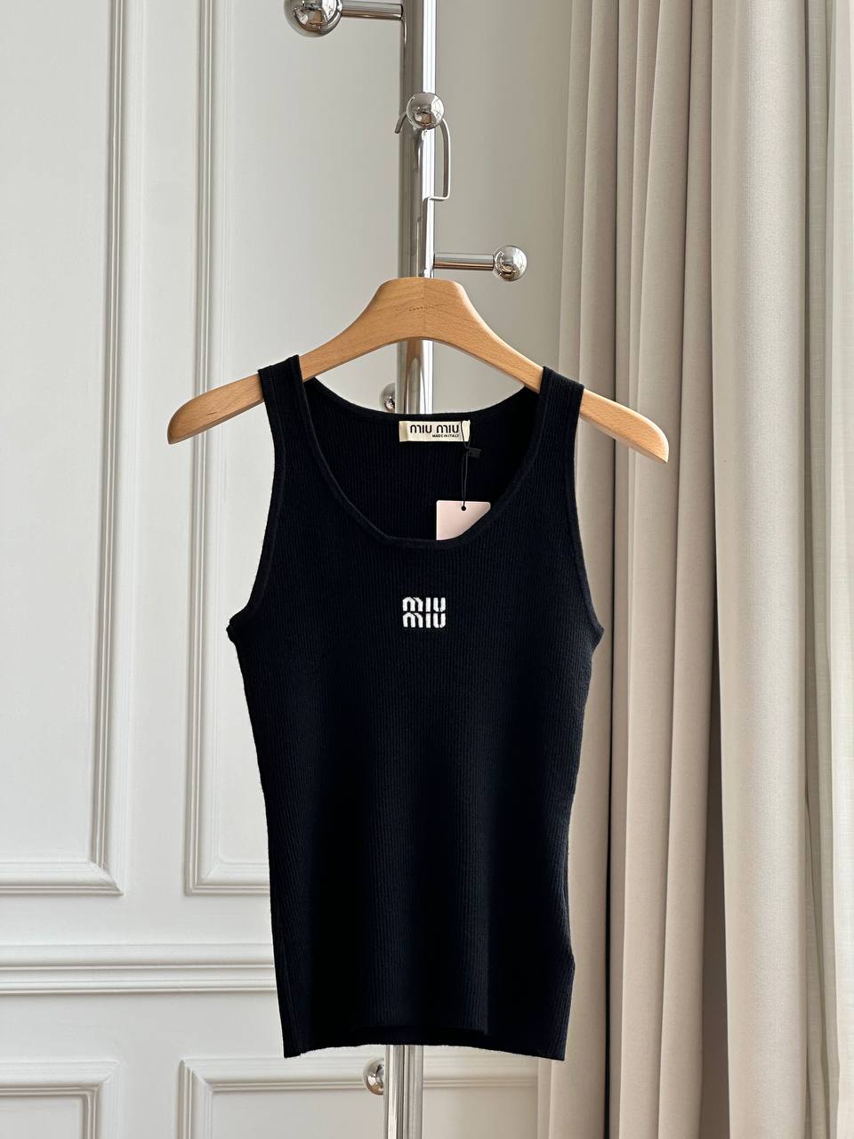 Miu Miu Black Ribbed Knit U-Neck Wide Strap Tank Top With White Embroidery Logo
