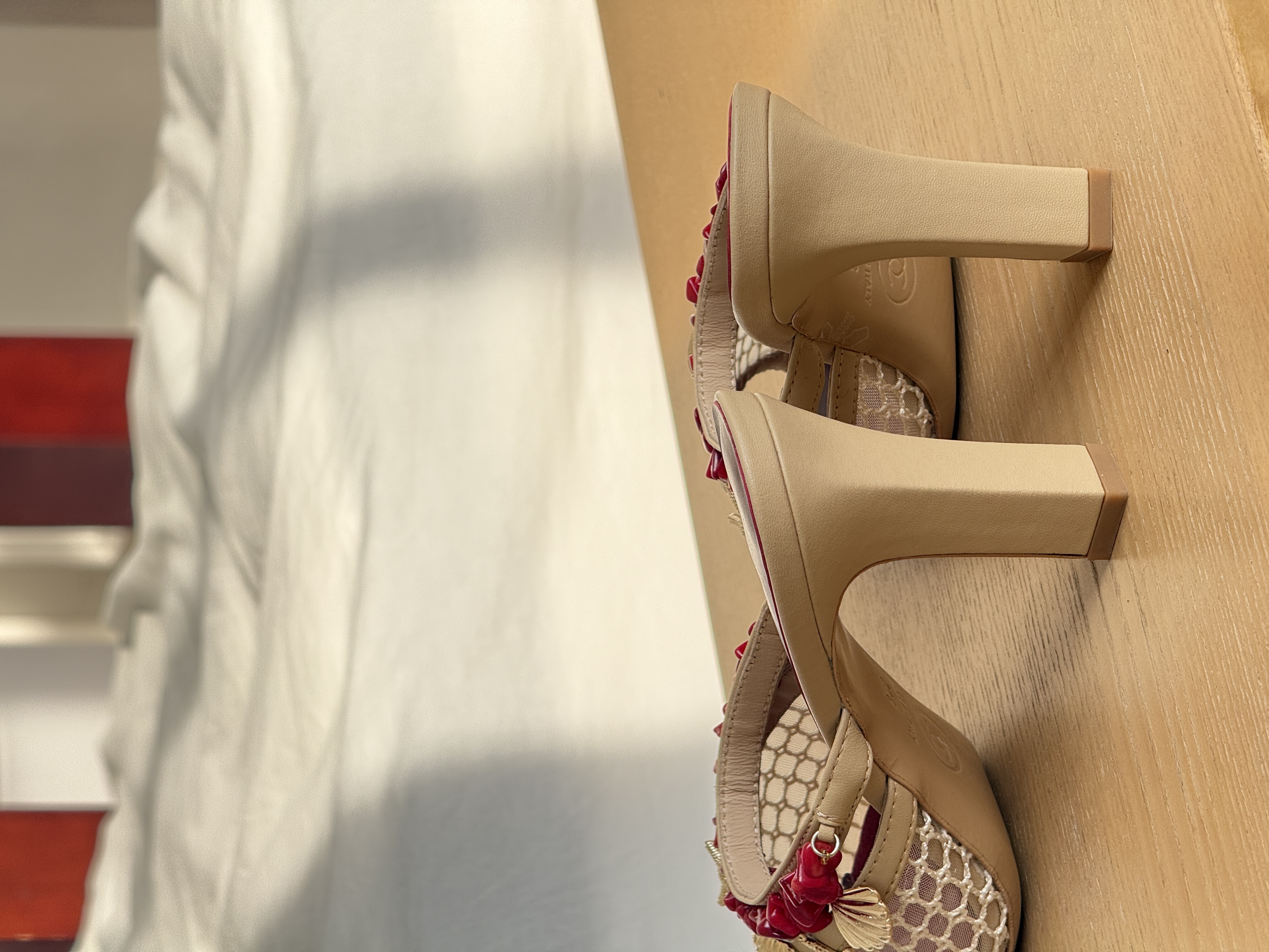 Chanel Mesh & Leather Red Bead Ocean Charm Block Heel Open-Toe Mule Sandals