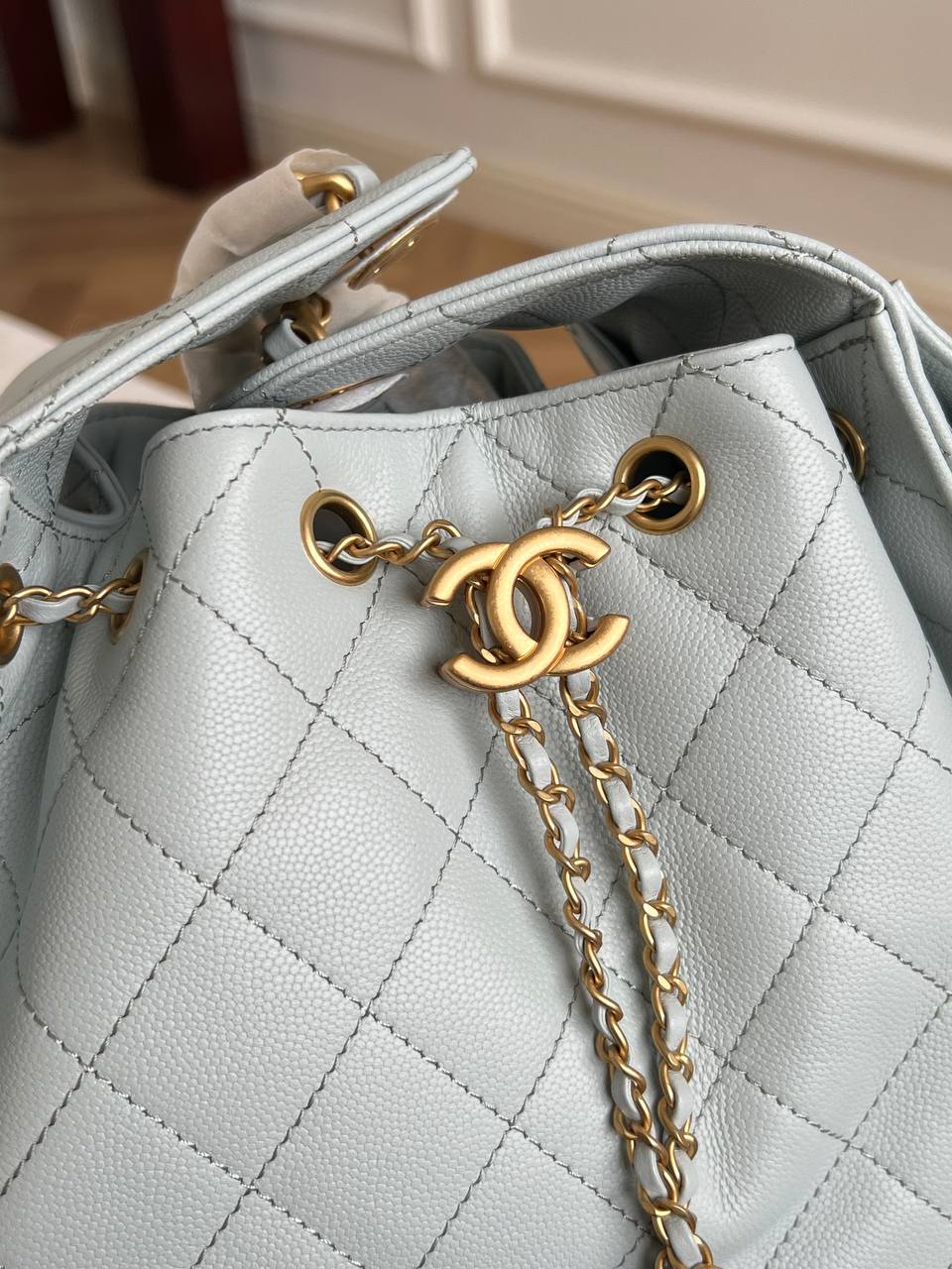 Chanel Pale Ice Blue Caviar Leather CC Drawstring Quilted Flap Bucket Bag
