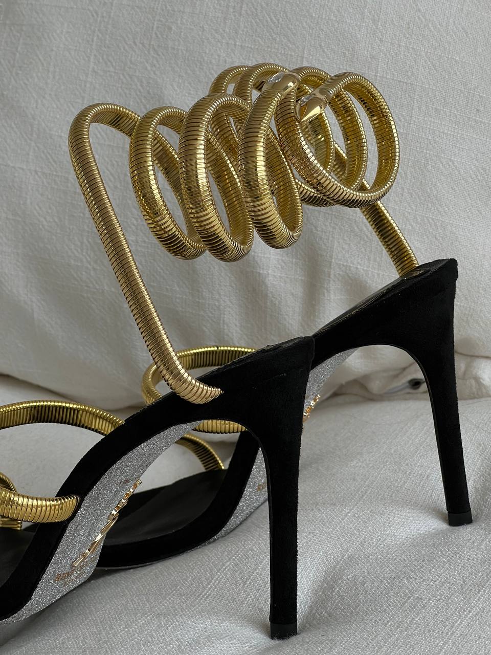 Rene Caovilla Black Velvet Gold Snake Wrap Stiletto Sandals