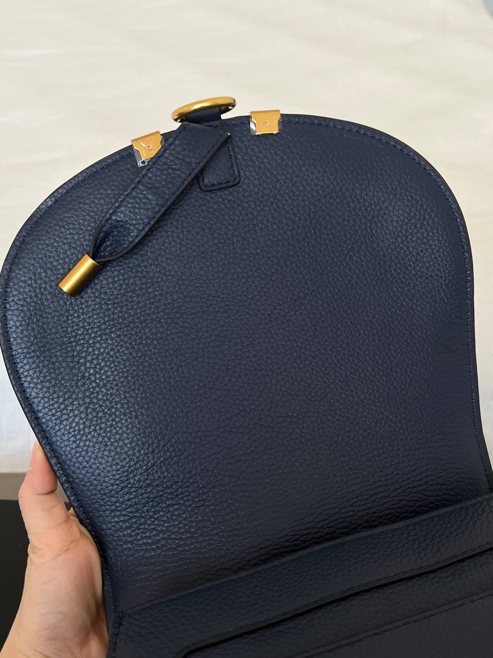 Chloé Navy Pebbled Leather Small Marcie Saddle Crossbody Bag