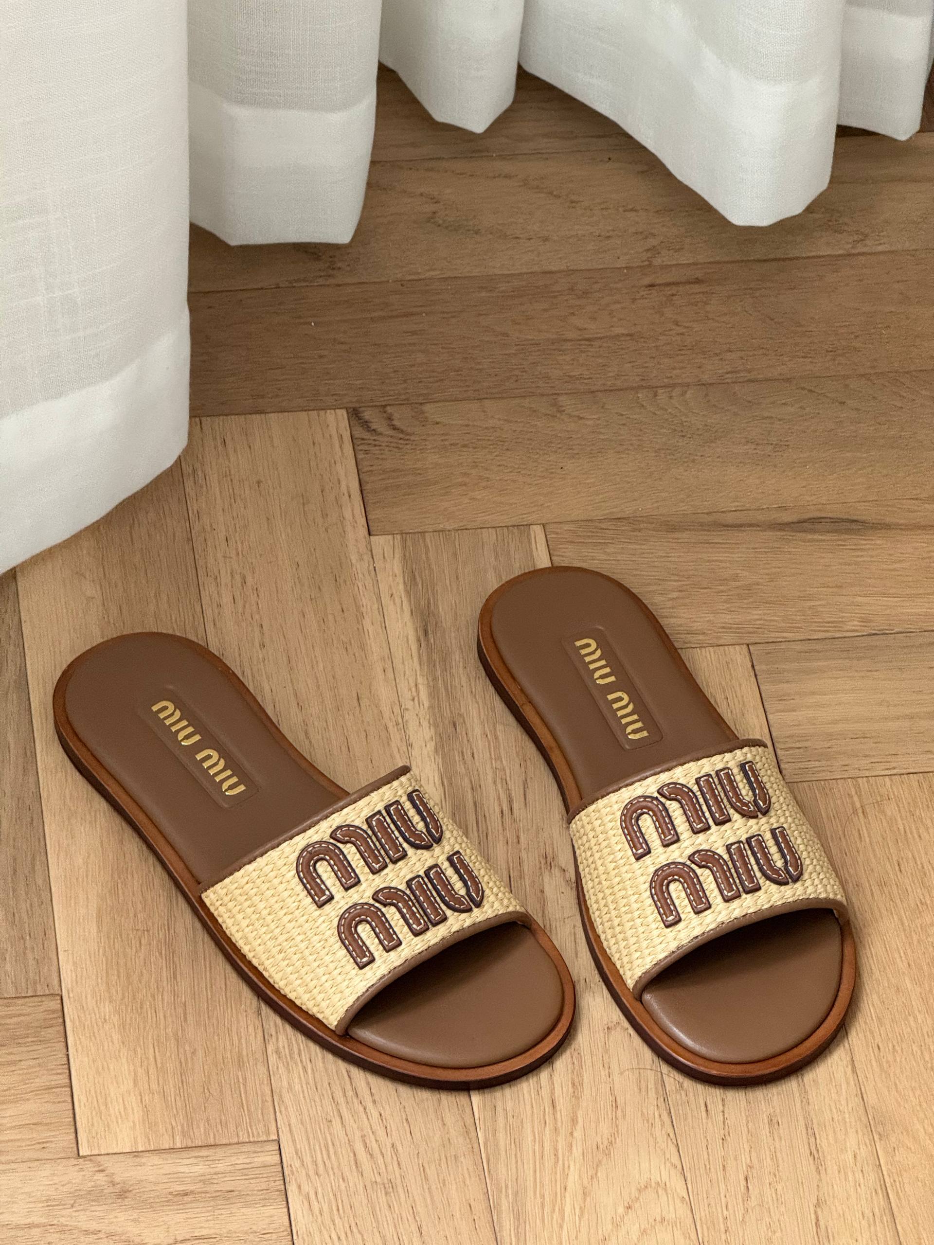 Miu Miu Raffia Logo Leather Flat Slide Sandals