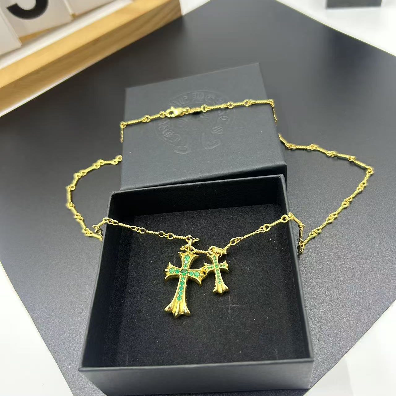 CHROME HEARTS 22K GOLD GREEN DIAMOND DOUBLE CROSS LAYERED NECKLACE