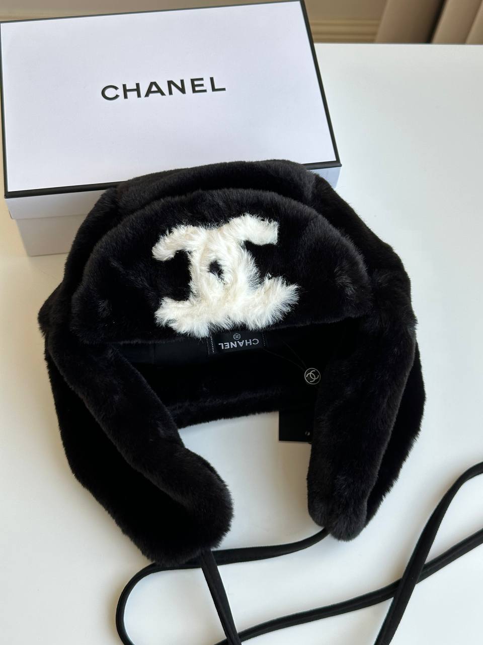 Chanel Black Faux Fur Trapper Hat With White Fur Interlocking CC Logo