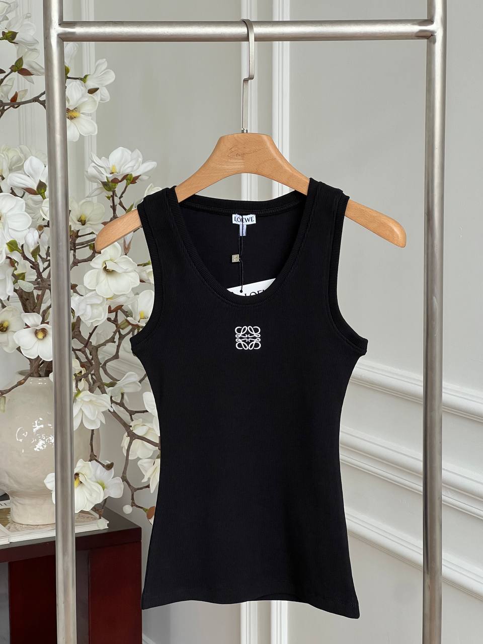 LOEWE Black Ribbed Knit U-Neck Wide Strap Tank Top With White Anagram Embroidery Logo