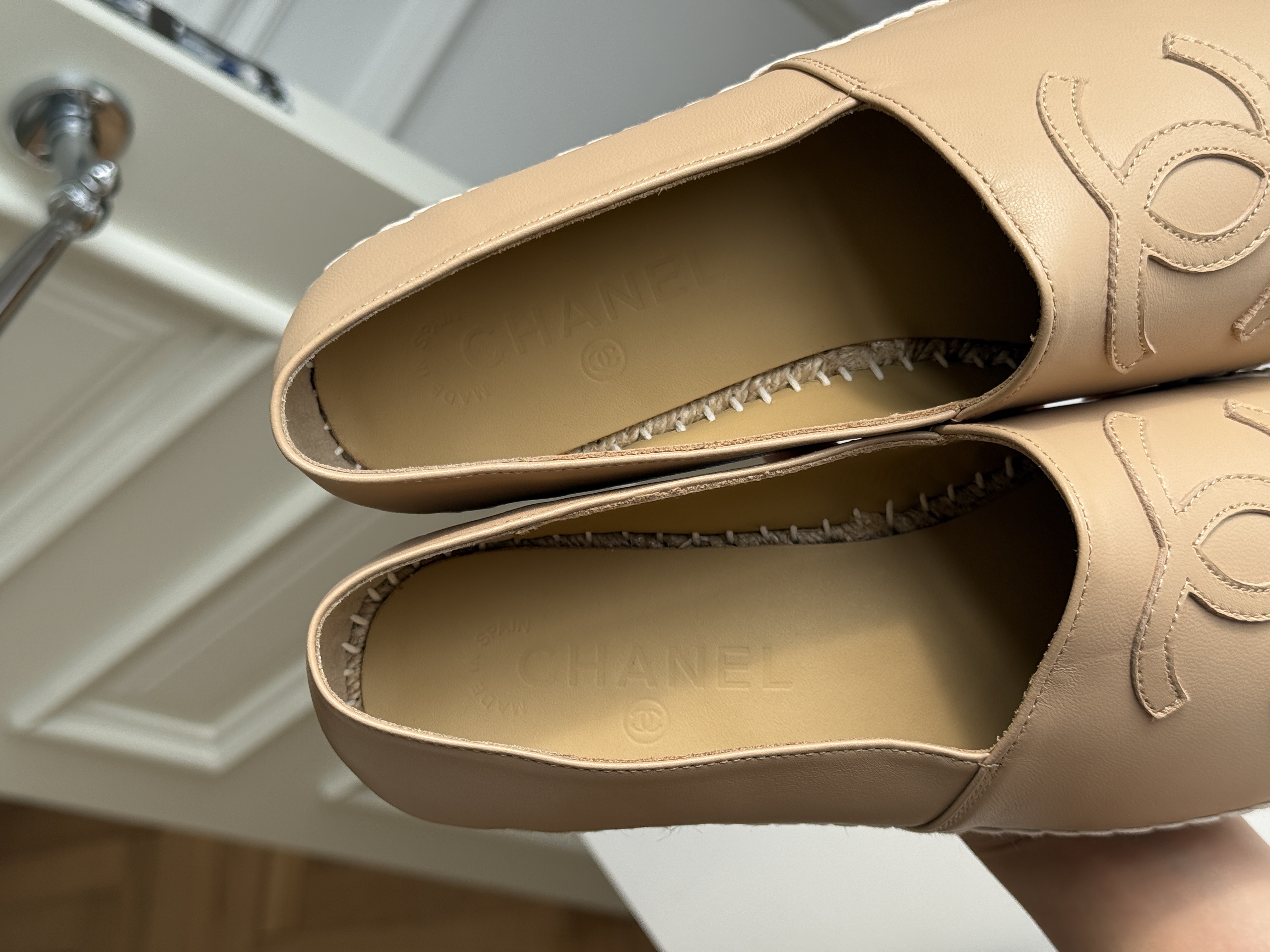 Chanel Beige & Black Lambskin Interlocking CC Embroidery Flat Espadrilles