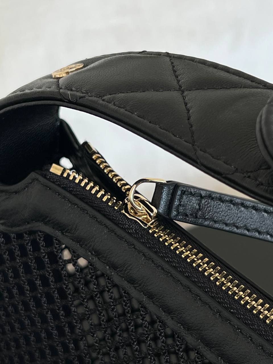 Chanel Black Hollow Mesh Gold CC Logo Semi-circular Top Handle Mini Bag