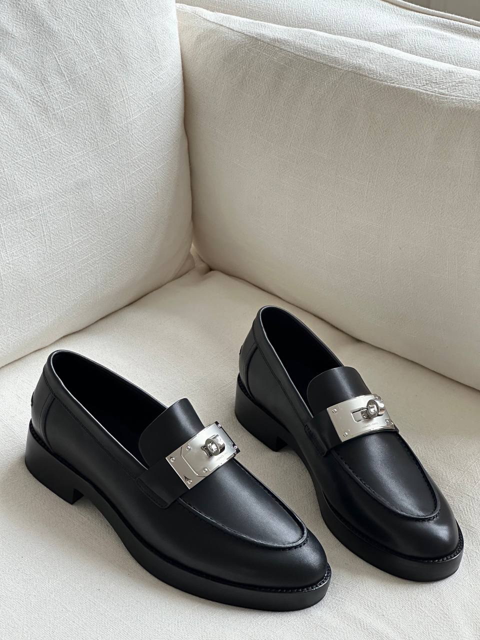 Hermès Black Calfskin Kelly Silver Buckle Loafers
