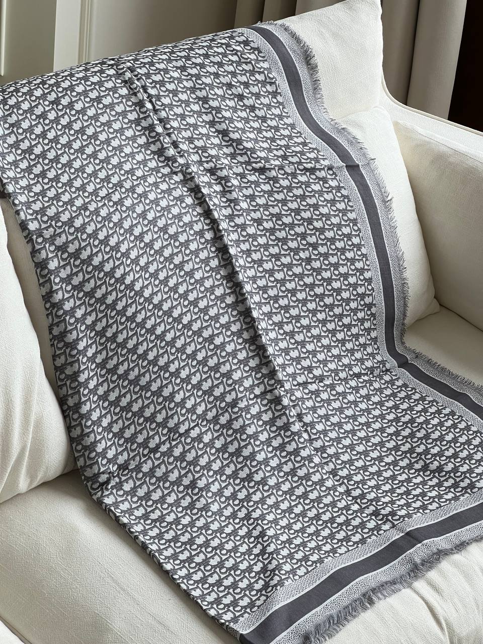 Dior Grey Classic Oblique Jacquard Fringe Wool Blend Large Shawl Scarf