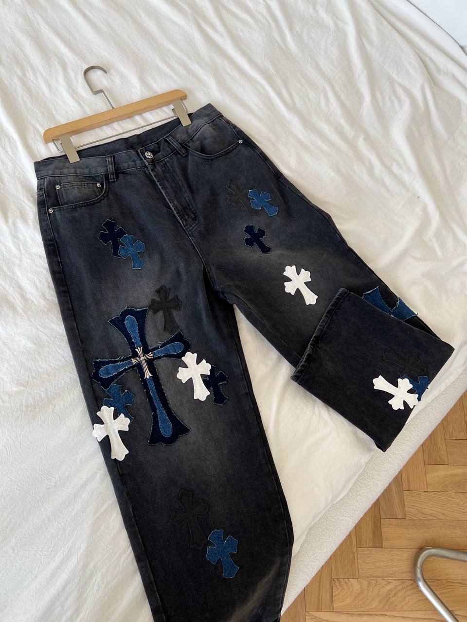 Chrome Hearts Black Washed Denim Jeans with Cross Patch Details