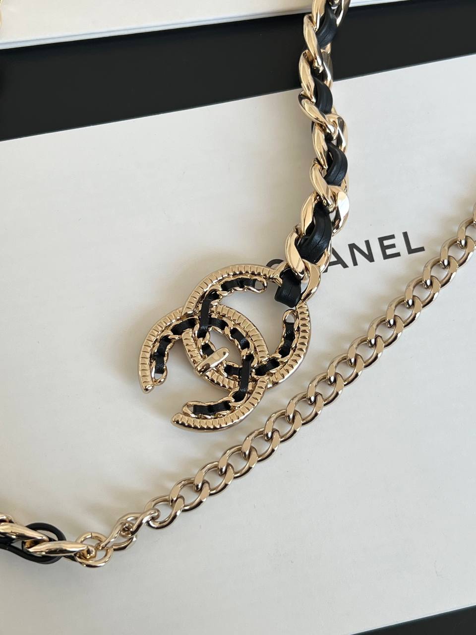 Chanel Leather Interwoven Metal Chain CC Pendant Necklace