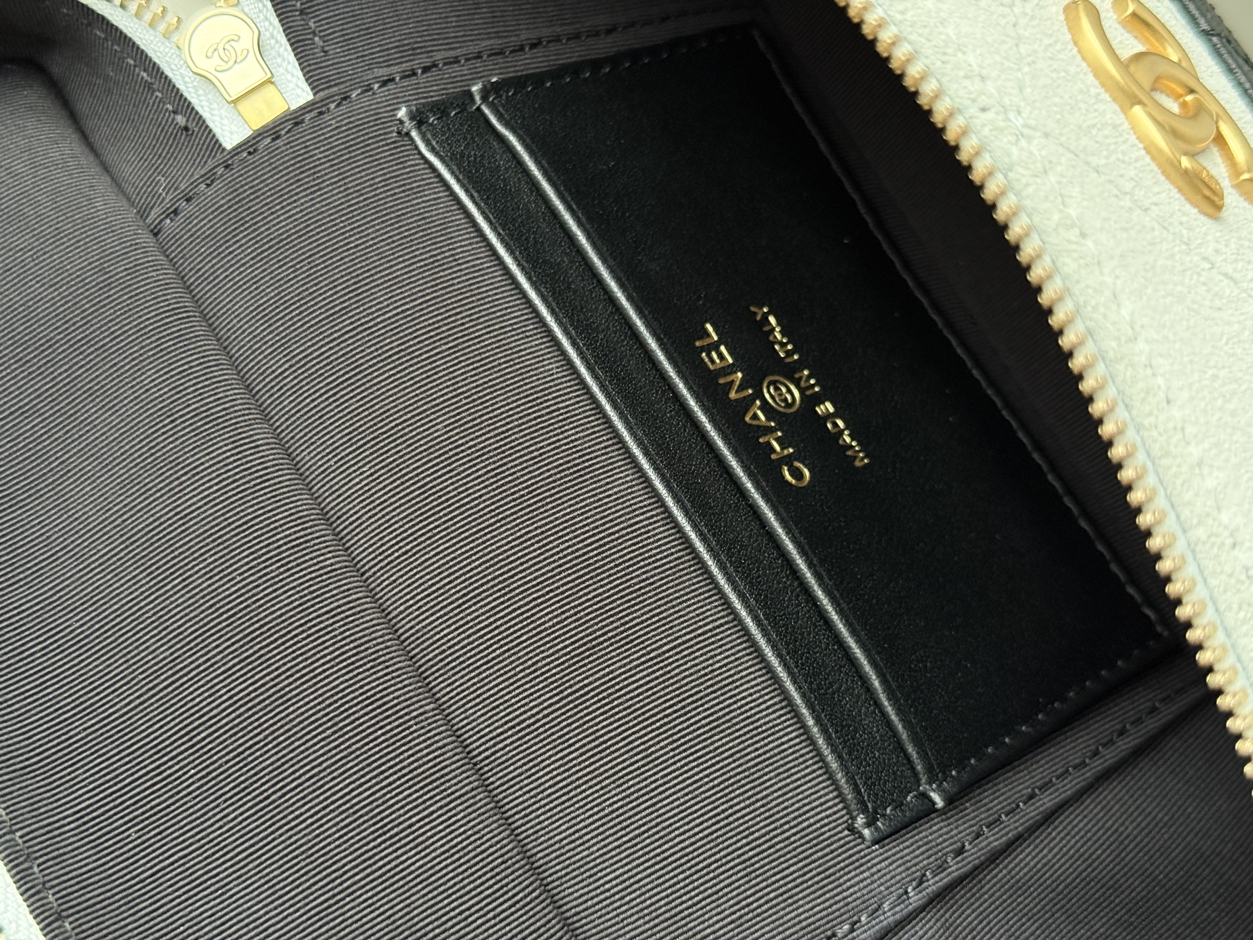 CHANEL Two-Tone Suede Quilted CC Handle Vanity Case Bag