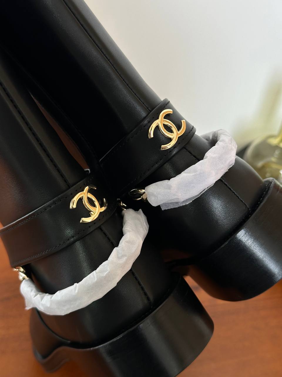 Chanel Black Polished Leather CC Metal Buckle Block Heel Straight Tall Riding Boots