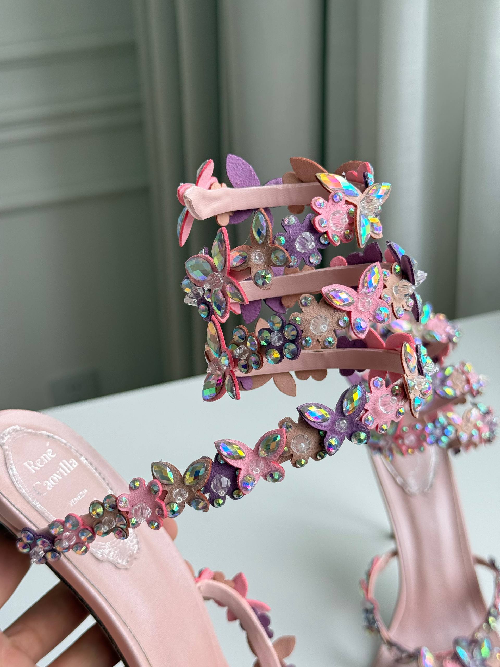 Rene Caovilla Iridescent Crystal Butterfly Wrap-Around Ankle Strap High Heel Sandals