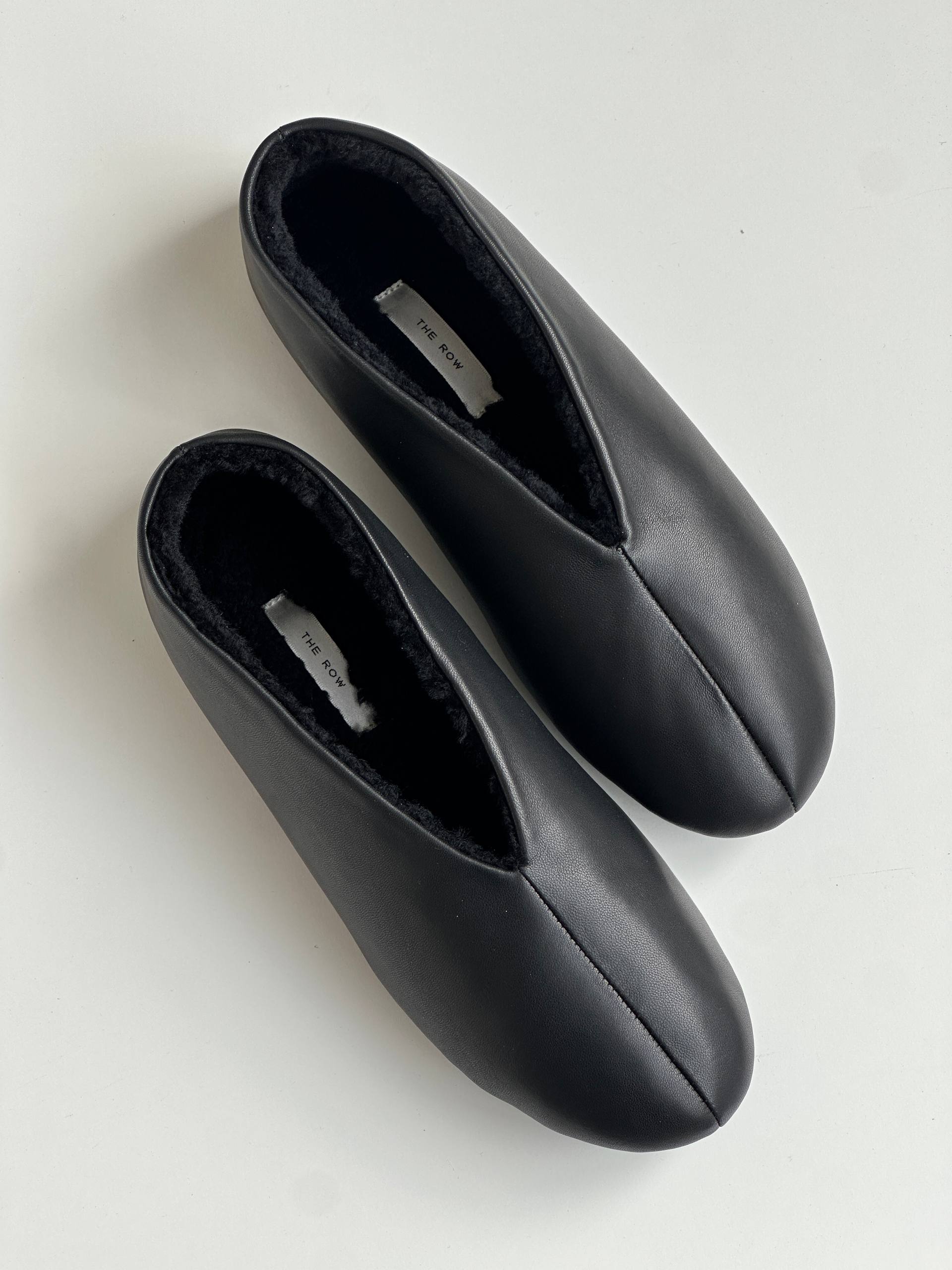 THE ROW Black Lambskin Shearling Lined V-Neck Slip-On Mules