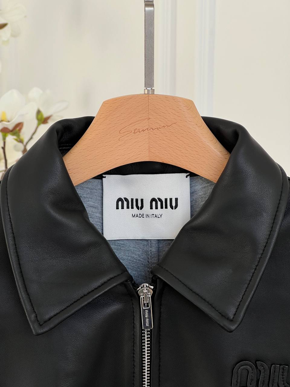 Miu Miu Black Collared Embossed Logo Cropped Lambskin Leather Jacket