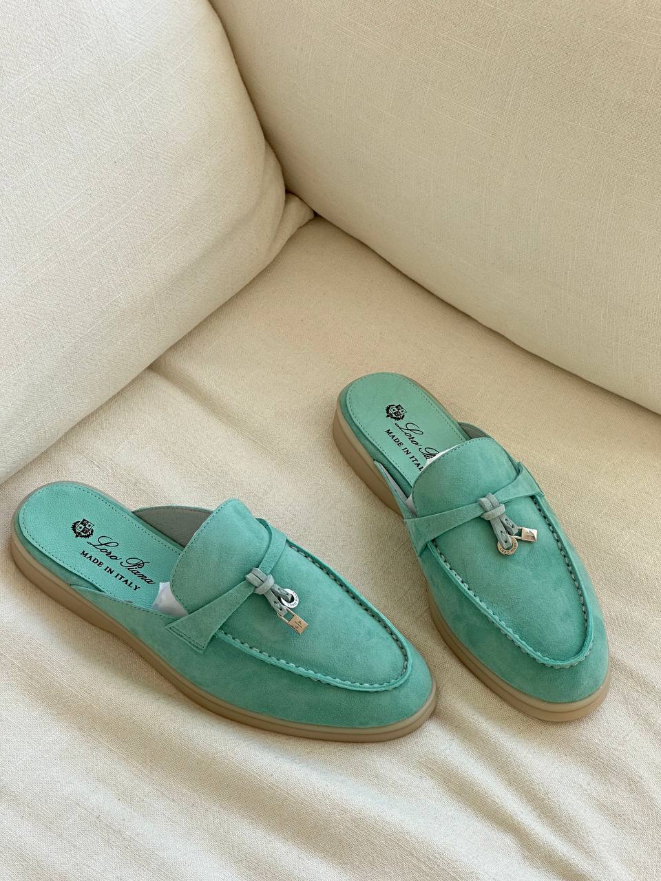 Loro Piana Mint Green Suede Bow Lock Flat Mule Slides