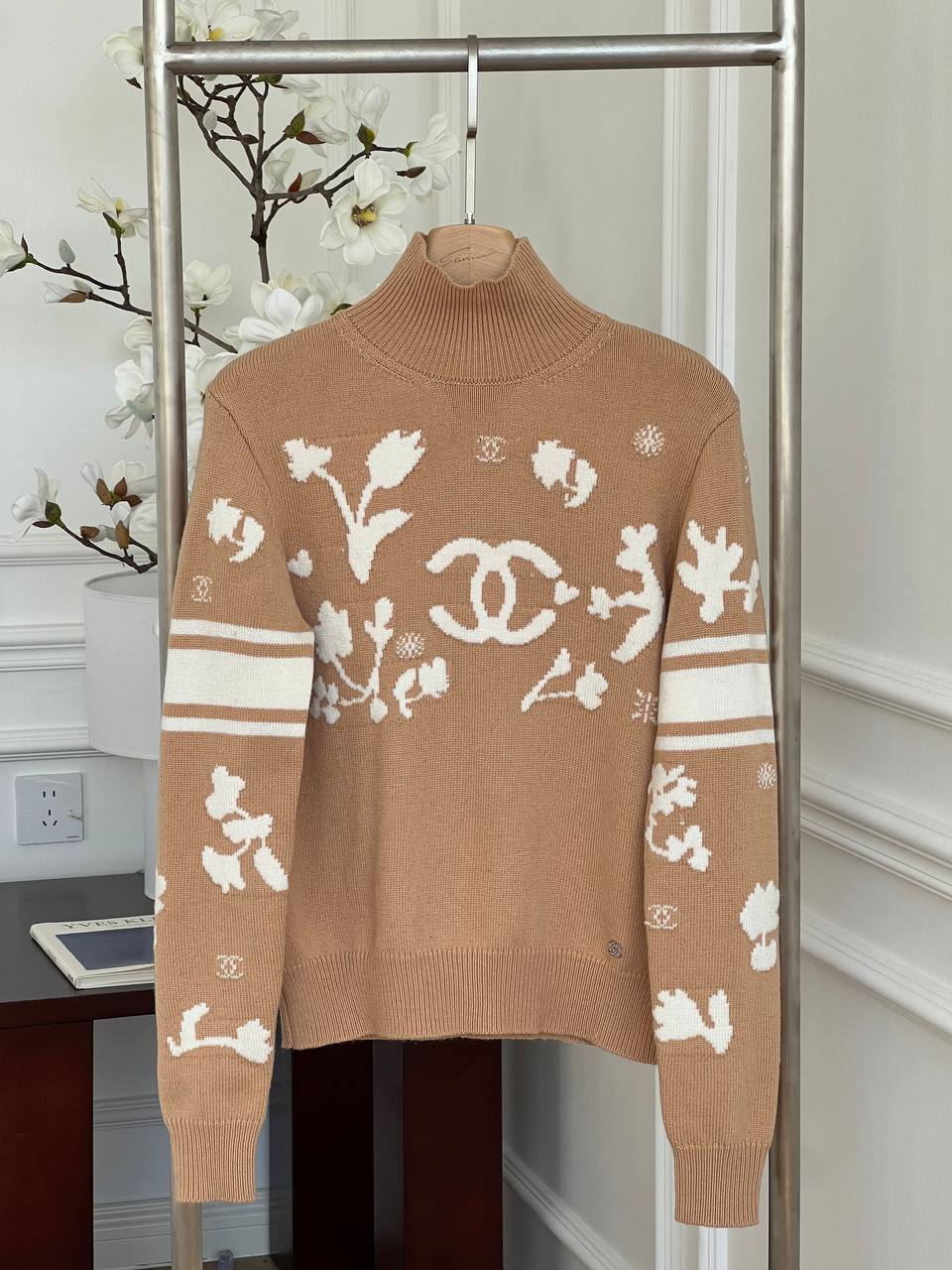 Chanel Camel Wool Turtleneck Sweater With White Floral & CC Intarsia Pattern