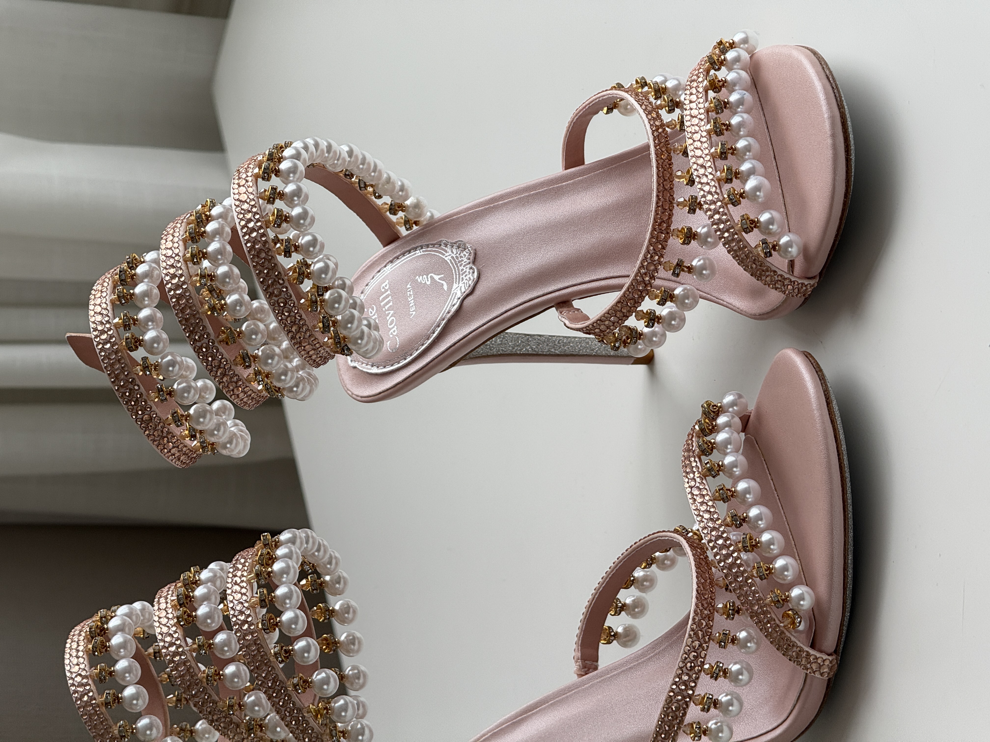 René Caovilla Chandelier Embellished Satin Wrap-Around Heeled Sandals