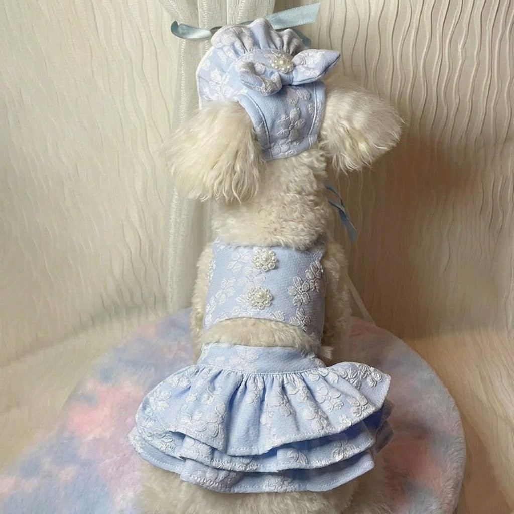 Blue&Pink Jacquard Sleeveless Dress Hat Set Pearl Ruffle Hem Outfit for Small Dogs Cats - MAISONKAIRON