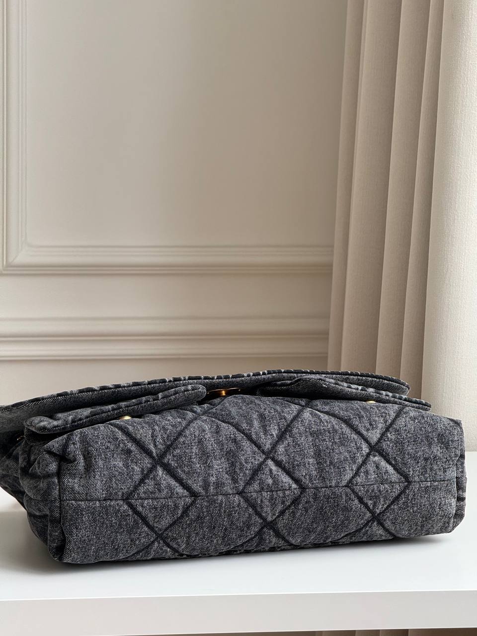 CHANEL Washed Black Denim Quilted Large Flap Bag with Gold-Tone Hardware