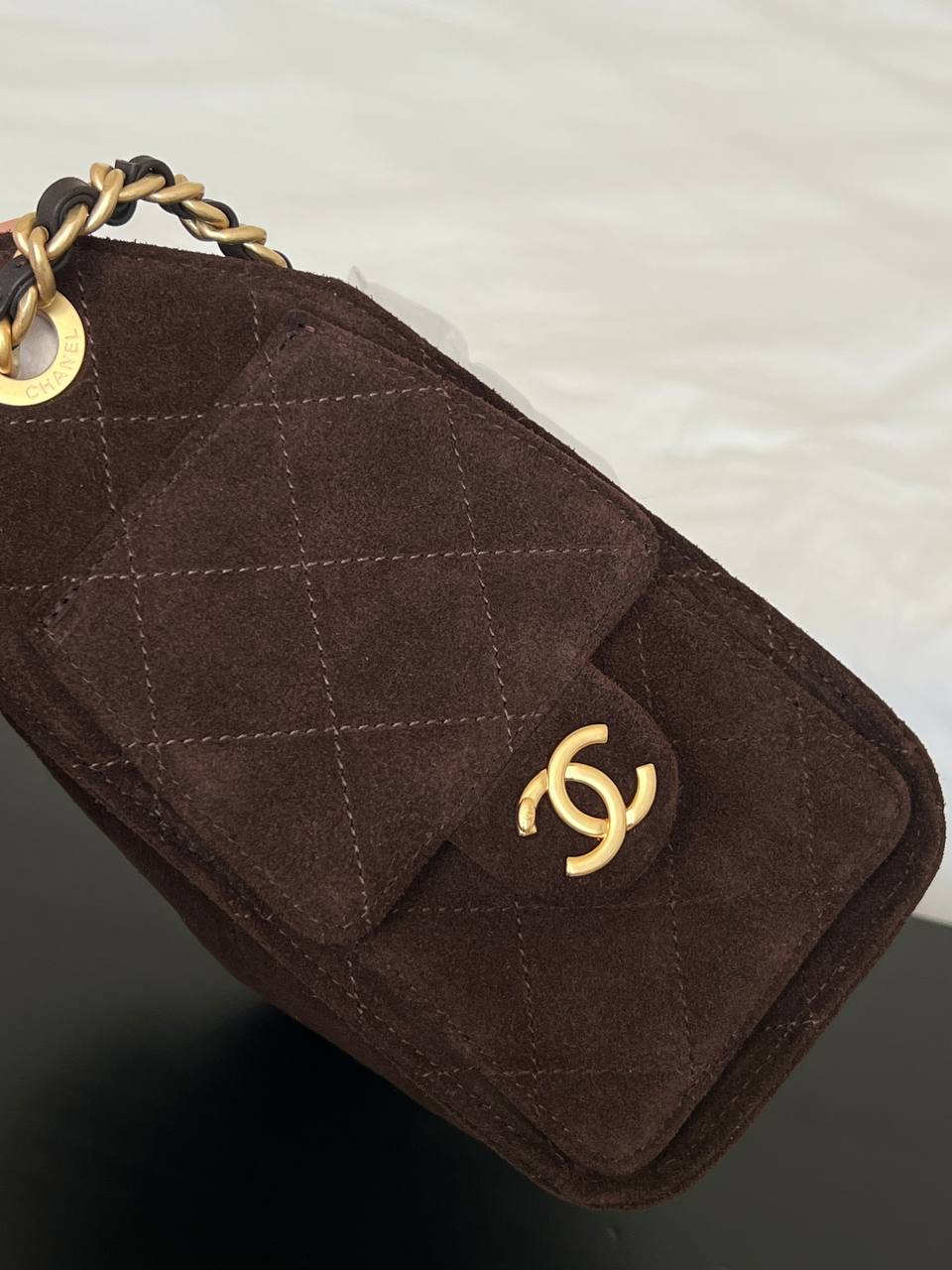 Chanel Dark Brown Suede Quilted CC Lock Drawstring Chain Hobo Underarm Bag