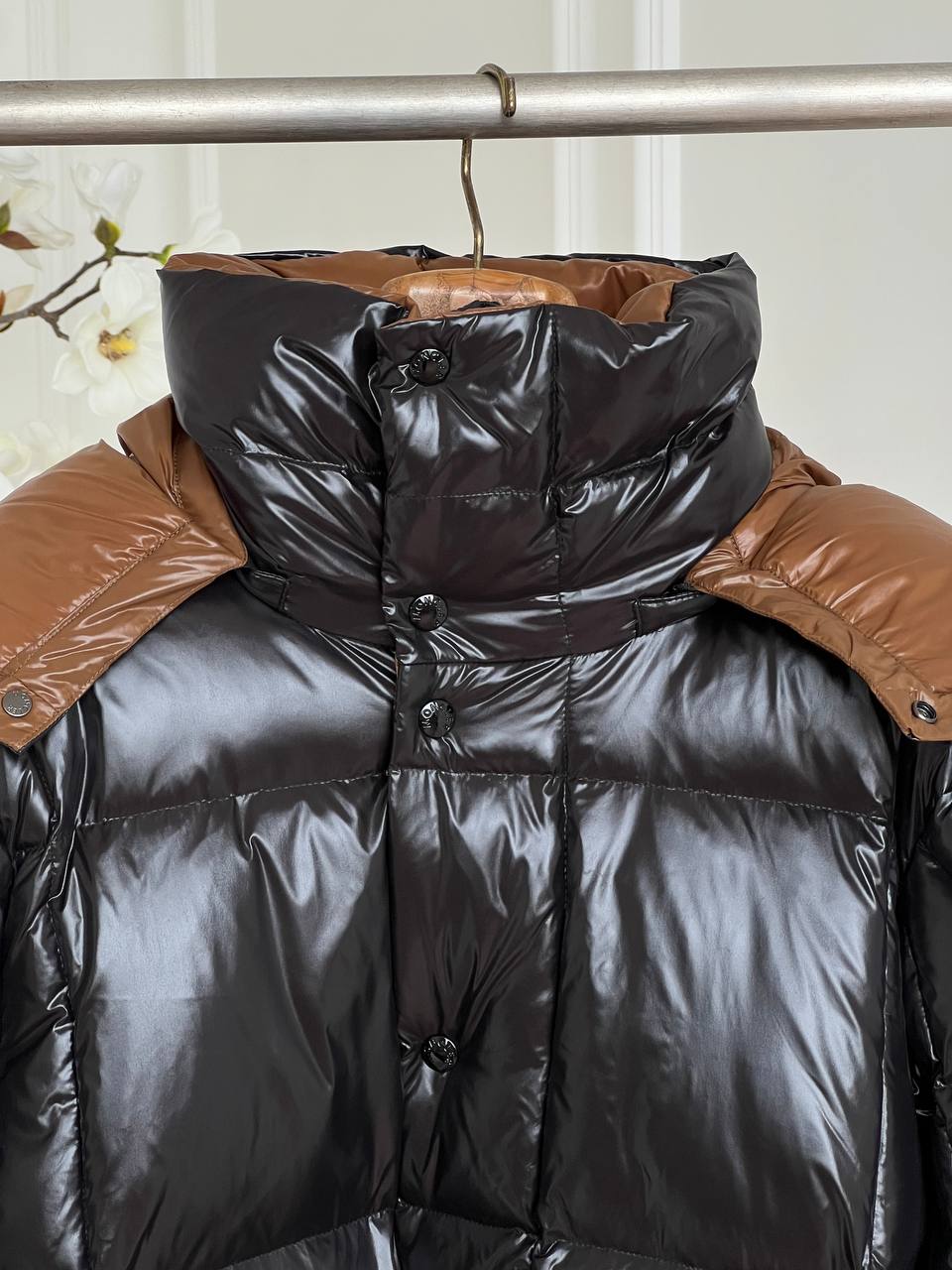 Moncler Black Shiny Nylon Contrast Brown Lining Detachable Hood Down Jacket