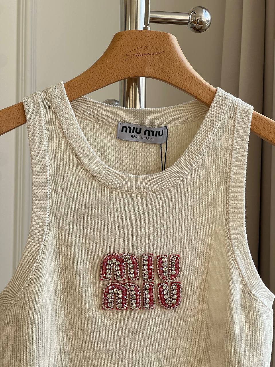 Miu Miu Crystal-Logo Cotton Knit Tank Top