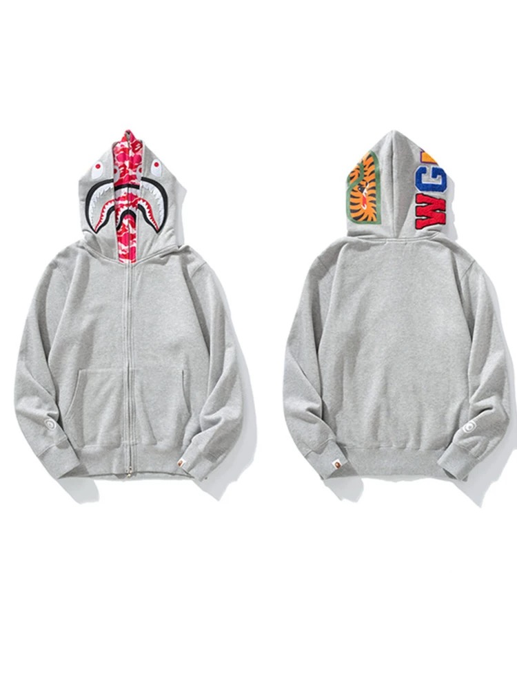 Grey color ape man head double zipper and hood with shark face embroidery hoodie
