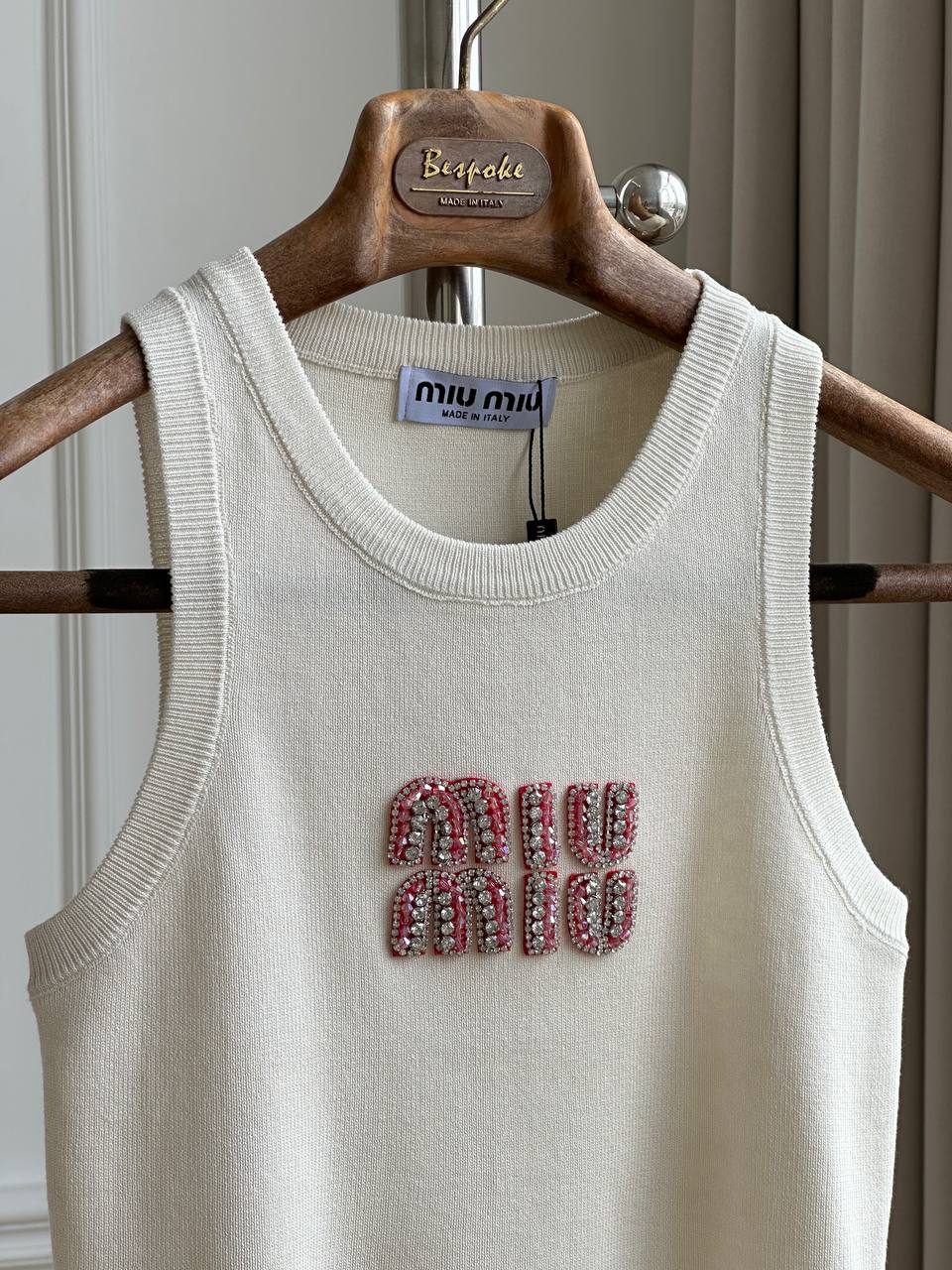Miu Miu Off White Crew Neck Rib Knit Tank Top With Pink Crystal Logo