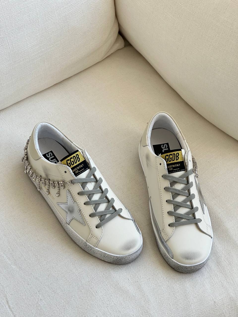 Golden Goose Super-star Crystal Tassel Distressed Star White Sneakers