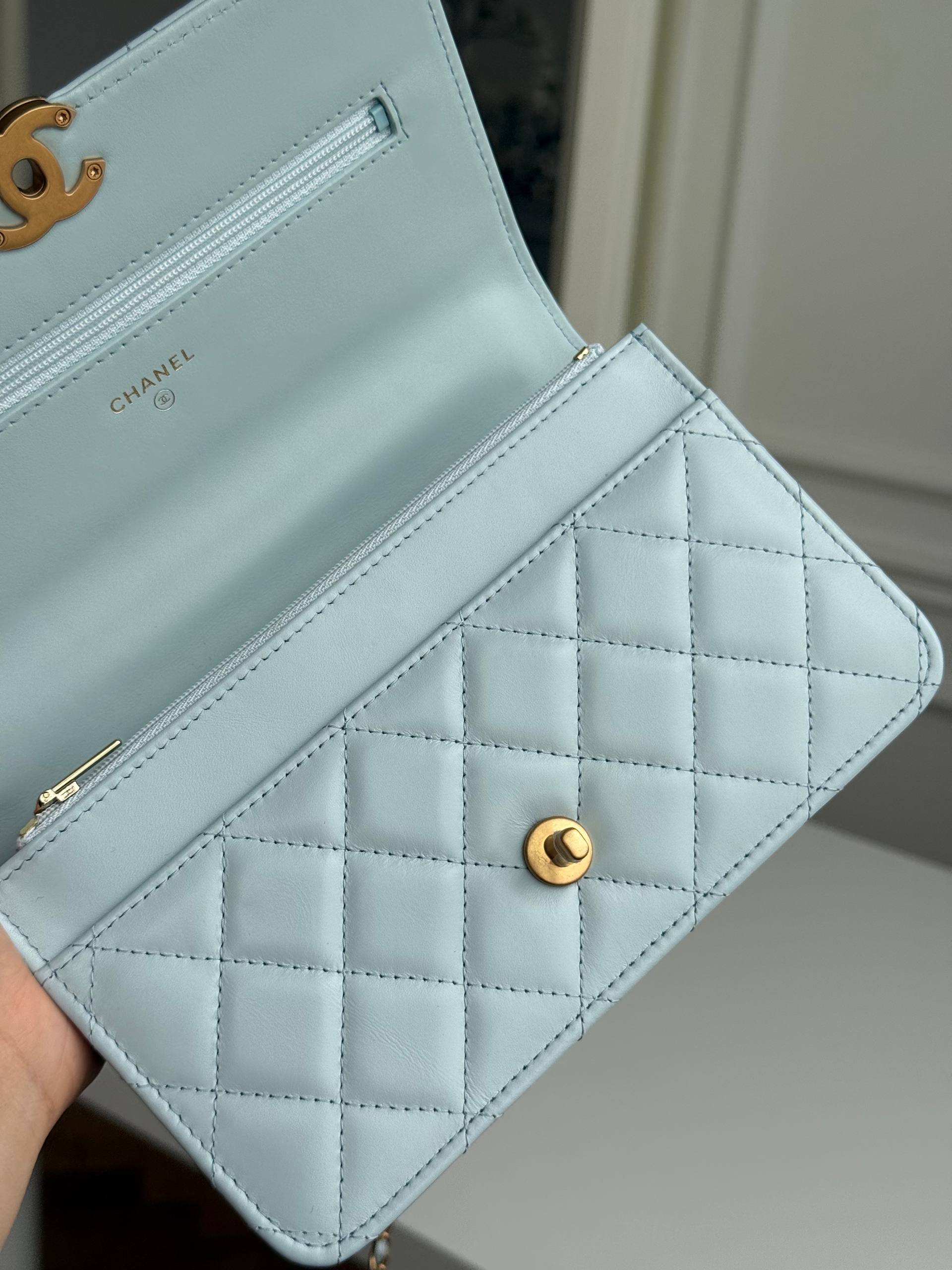 Chanel Pale Blue Lambskin Gold Bead Crossbody Bag