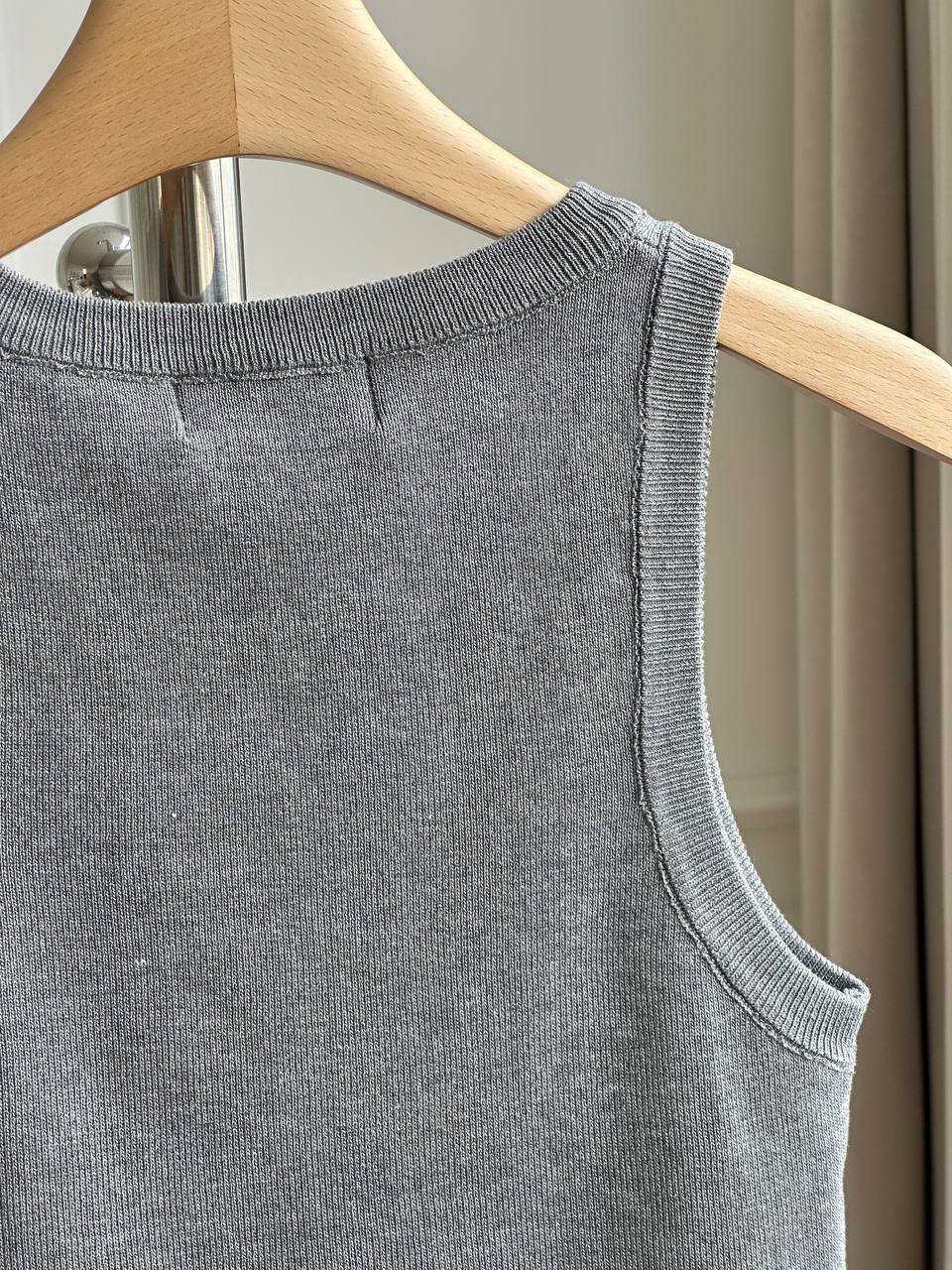 Miu Miu Heather Grey Ribbed Knit Crew Neck Rhinestone Logo Sleeveless Tank Top