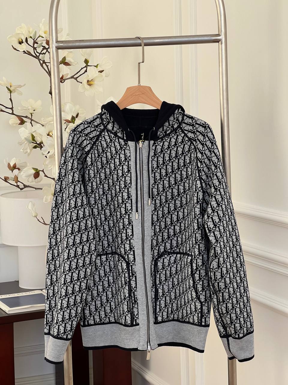 Dior Black and White All-over Print Hooded Zip Jacket