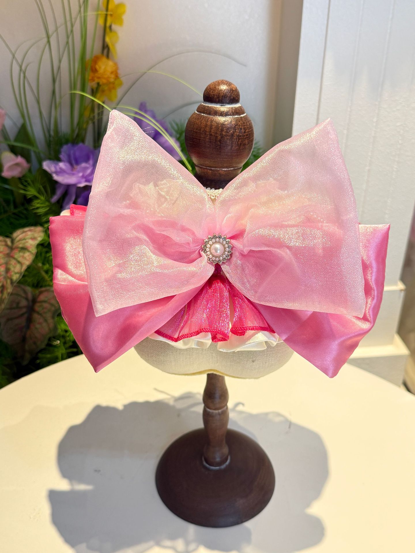 Hand-crafted Pink Lace Ruffle Pet Bib Princess Style Elastic Neck Scarf with Rose Bow Heart Gem Decor - MAISONKAIRON
