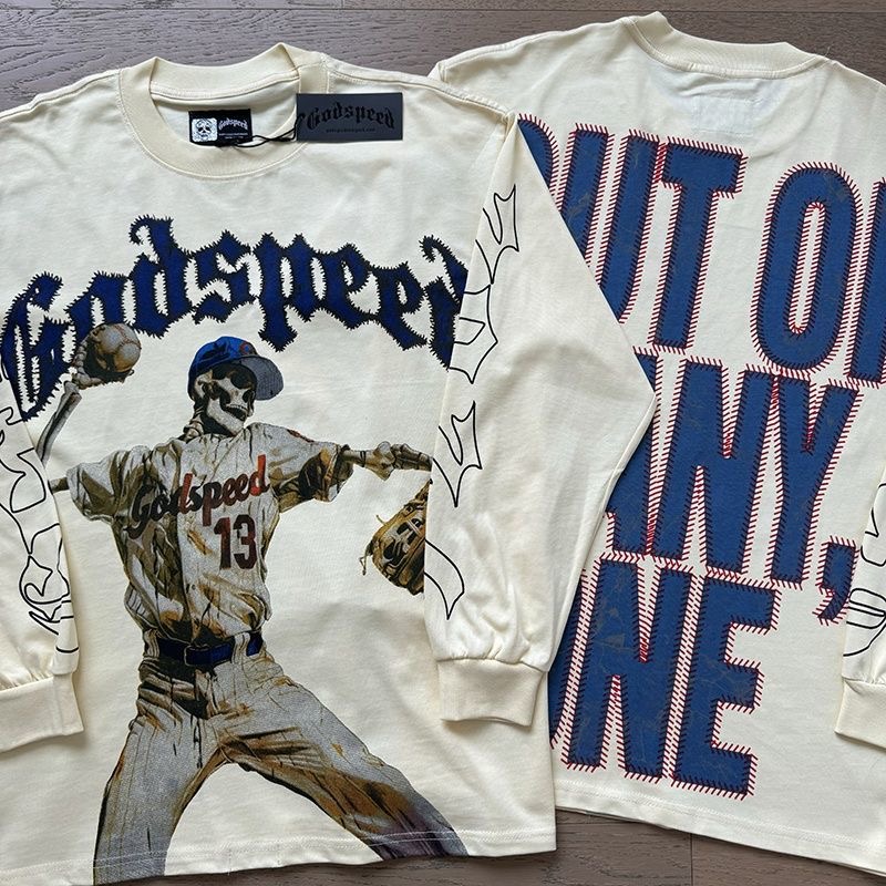 Godspeed Baseball Skull Print Washed Vintage High Street Trendy Long Sleeve T-shirt for Men and Women, Underwear Tee