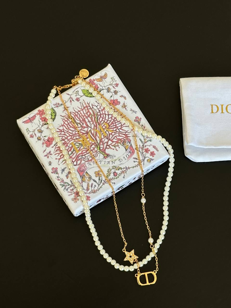 Dior Double Layer Faux Pearl Star Crystal CD Logo Choker Necklace