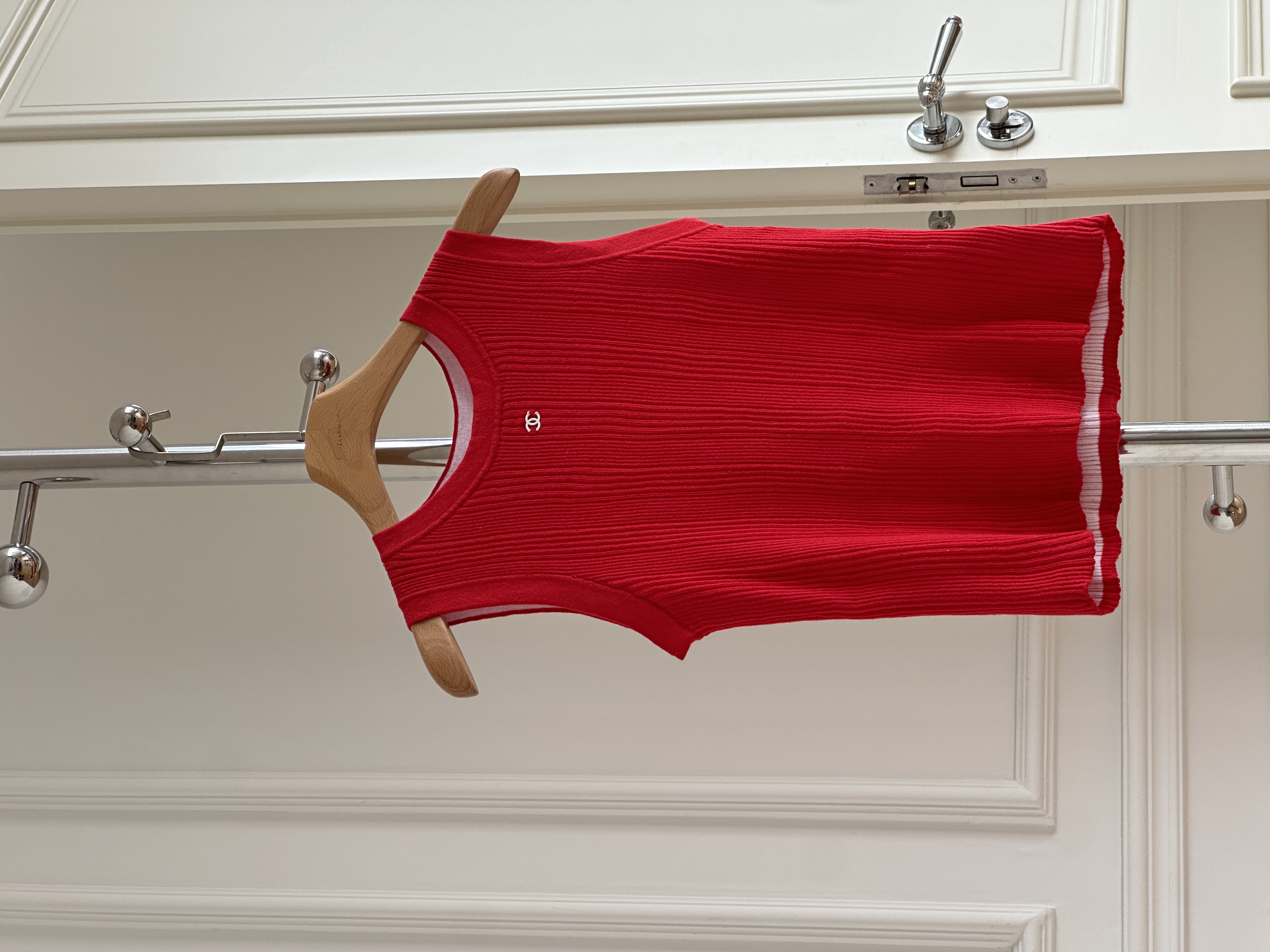 Chanel Bright Red Crew Neck Vertical Ribbed CC Logo Slim Knit Tank Top