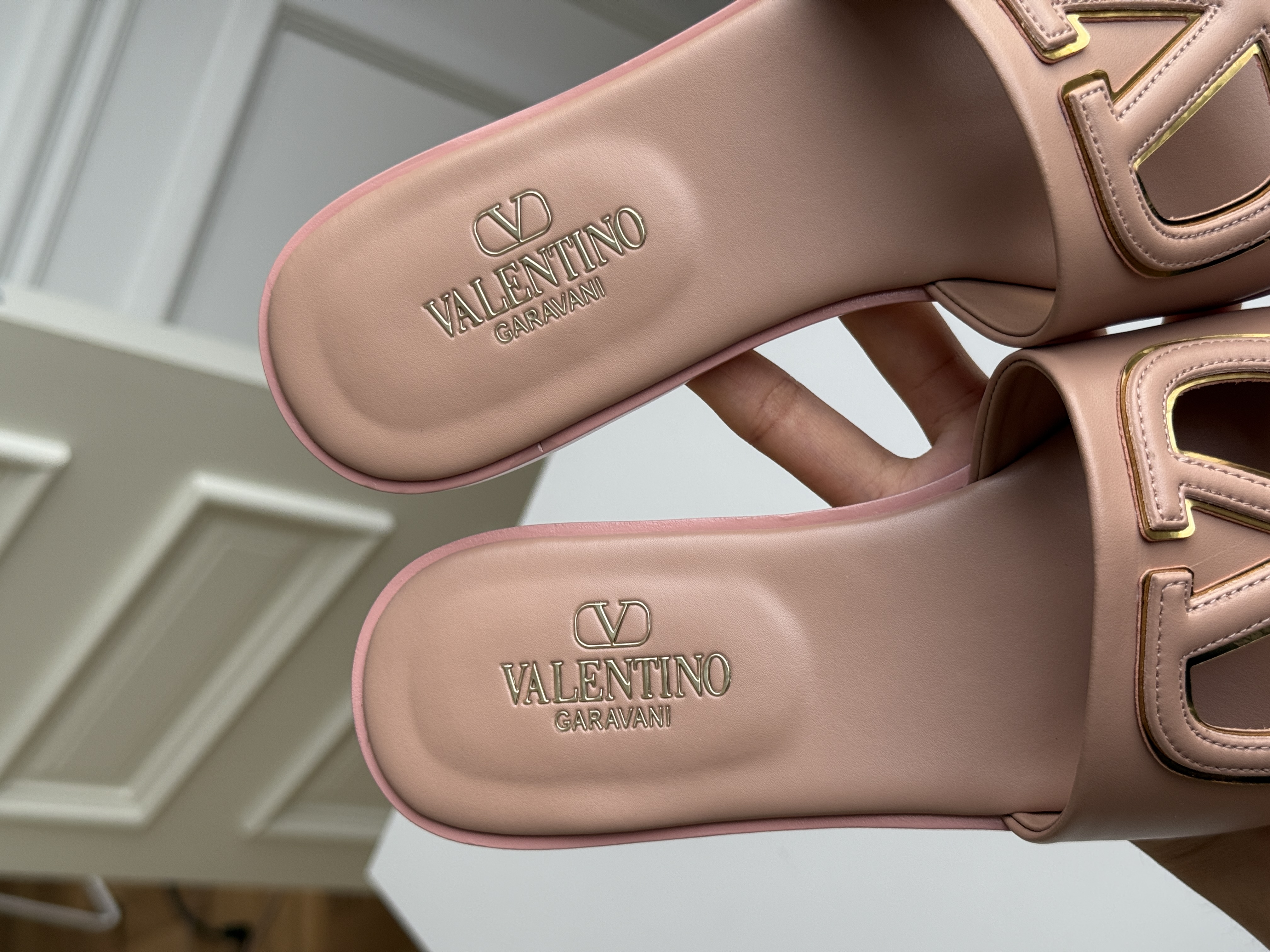 Valentino Nude Pink VLogo Cutout Leather Flat Slide Sandals