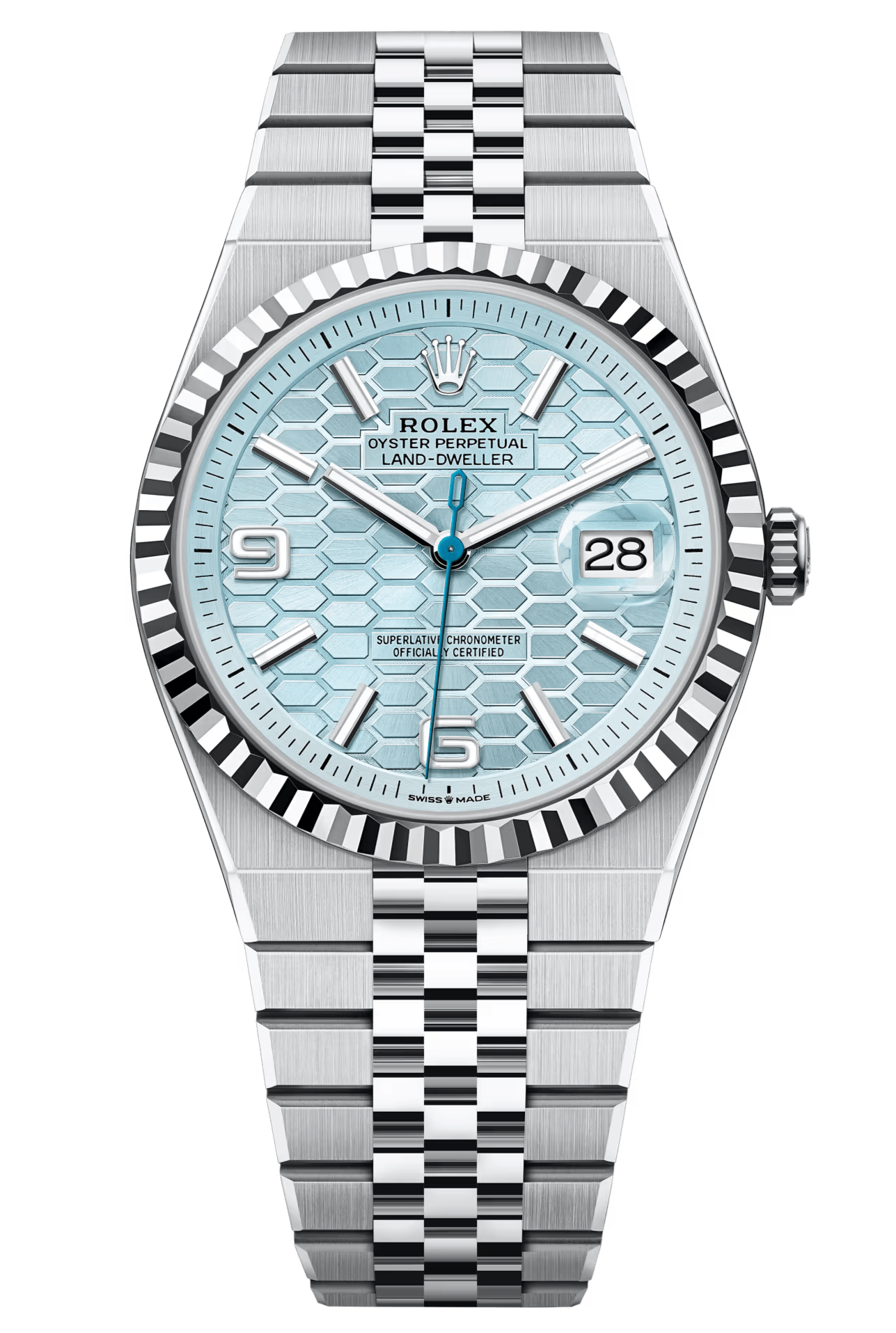 Rolex Land-Dweller 40mm Platinum Fluted Bezel Ice Blue Honeycomb-Motif Dial Flat Jubilee - 127336 - New 2025【1:1 Replica】