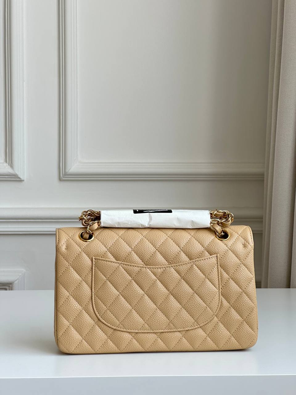 Chanel Beige Caviar Leather Classic Flap Bag With Vintage Gold Hardware