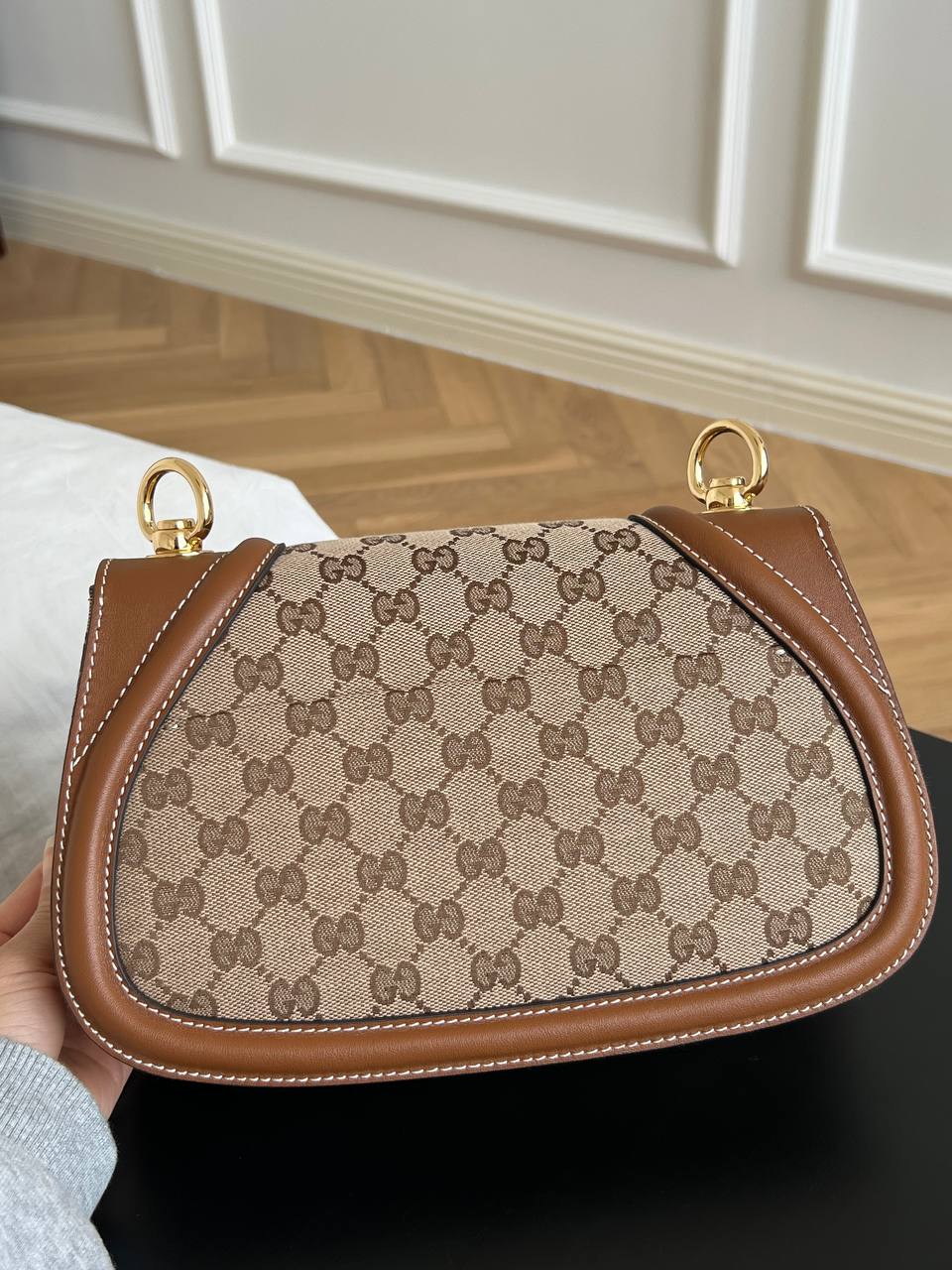 Gucci GG Monogram Canvas Brown Leather Trim Round G-logo Saddle Crossbody Bag