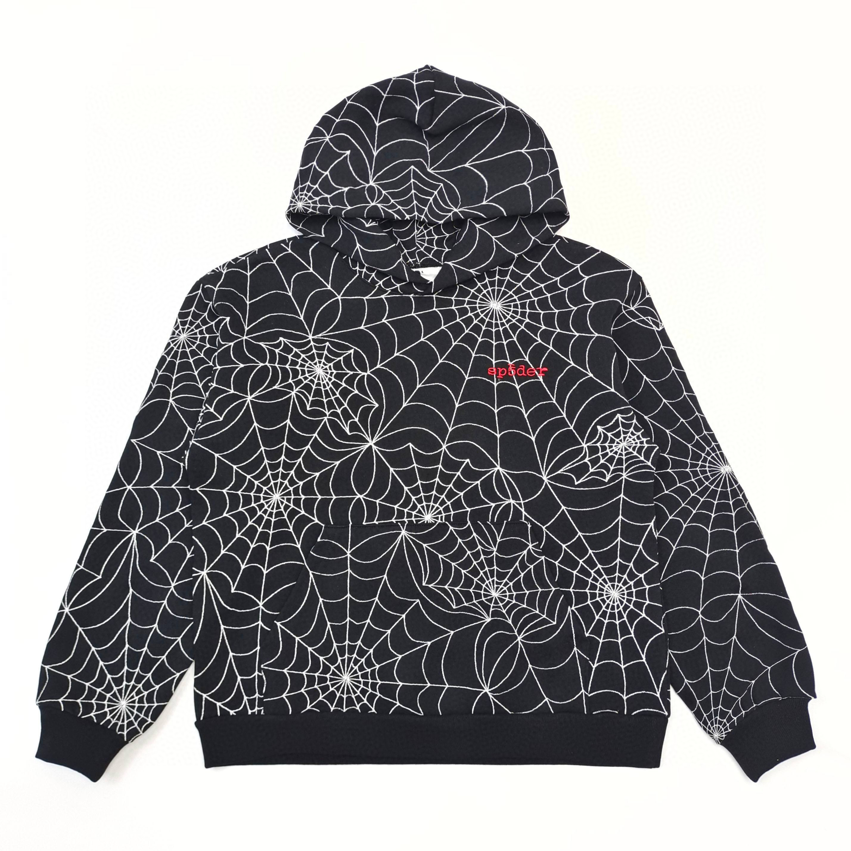 1:1 Best Quality Sp5der Full embroidery Spider webs Hoodie Black