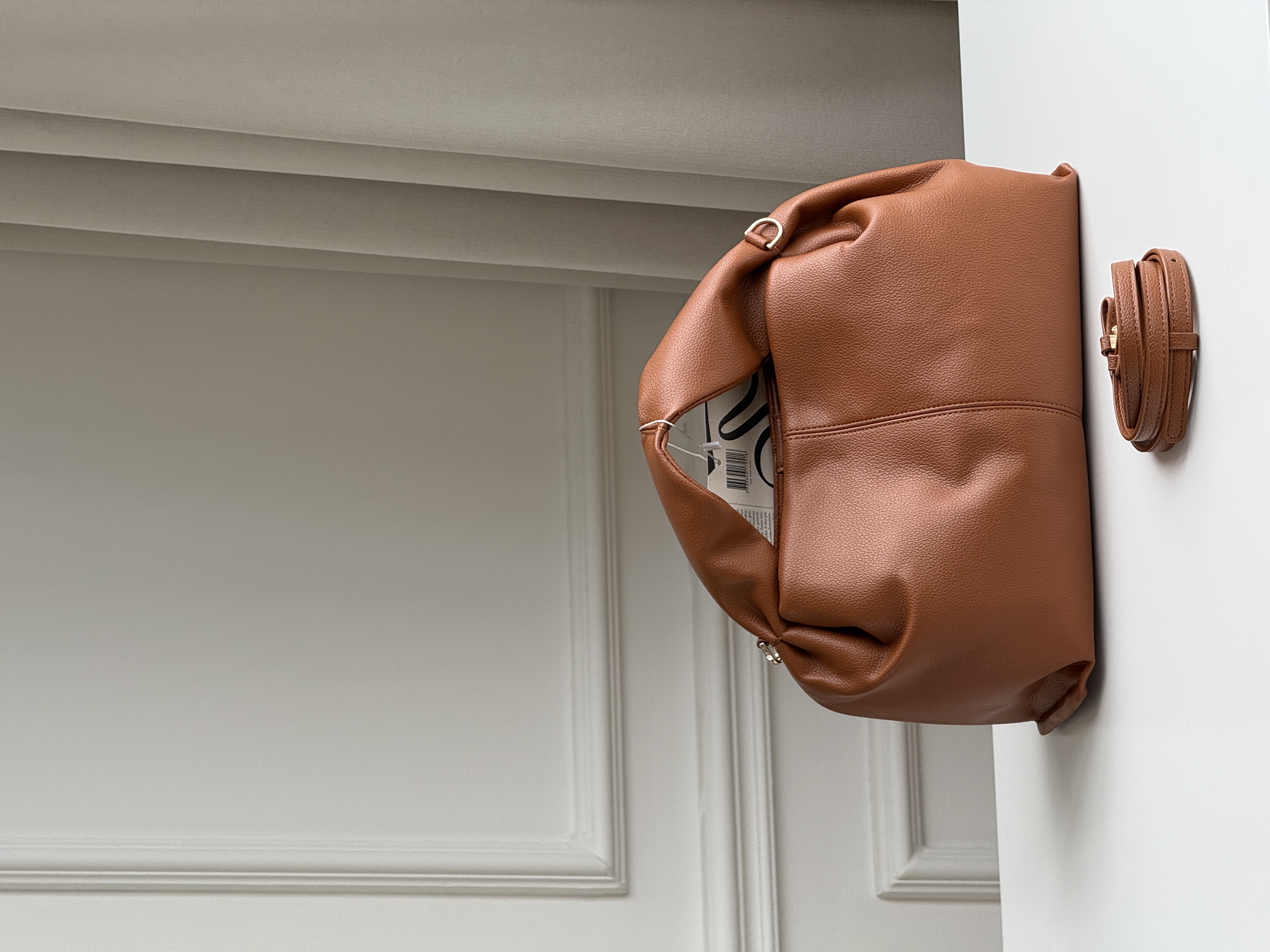 Caramel Brown Pebbled Soft Leather Ruched Handle Lazy Cloud Tote Bag