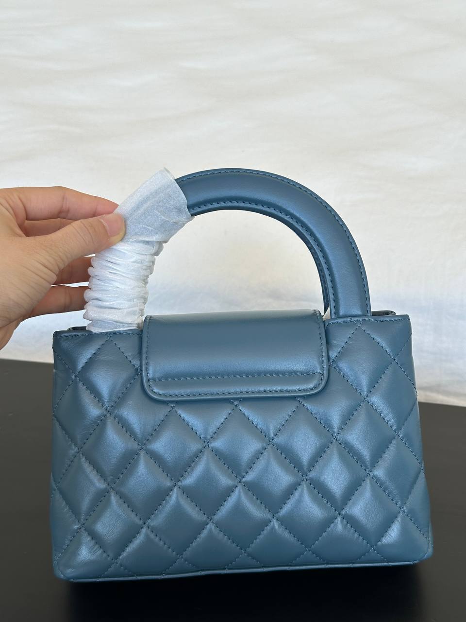 Chanel Smoky Blue Lambskin Quilted Mini Kelly Top Handle Bag