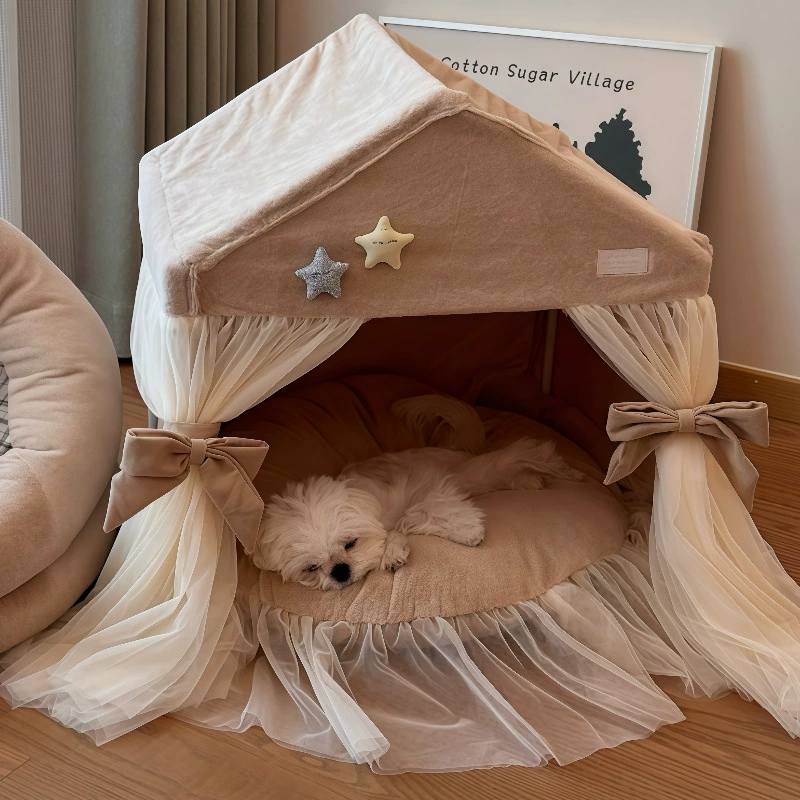 Cozy Star Decor Tulle Curtain Pet House Soft Plush Dog Cat Tent Removable Cushion Indoor Puppy Kitten Bed - MAISONKAIRON