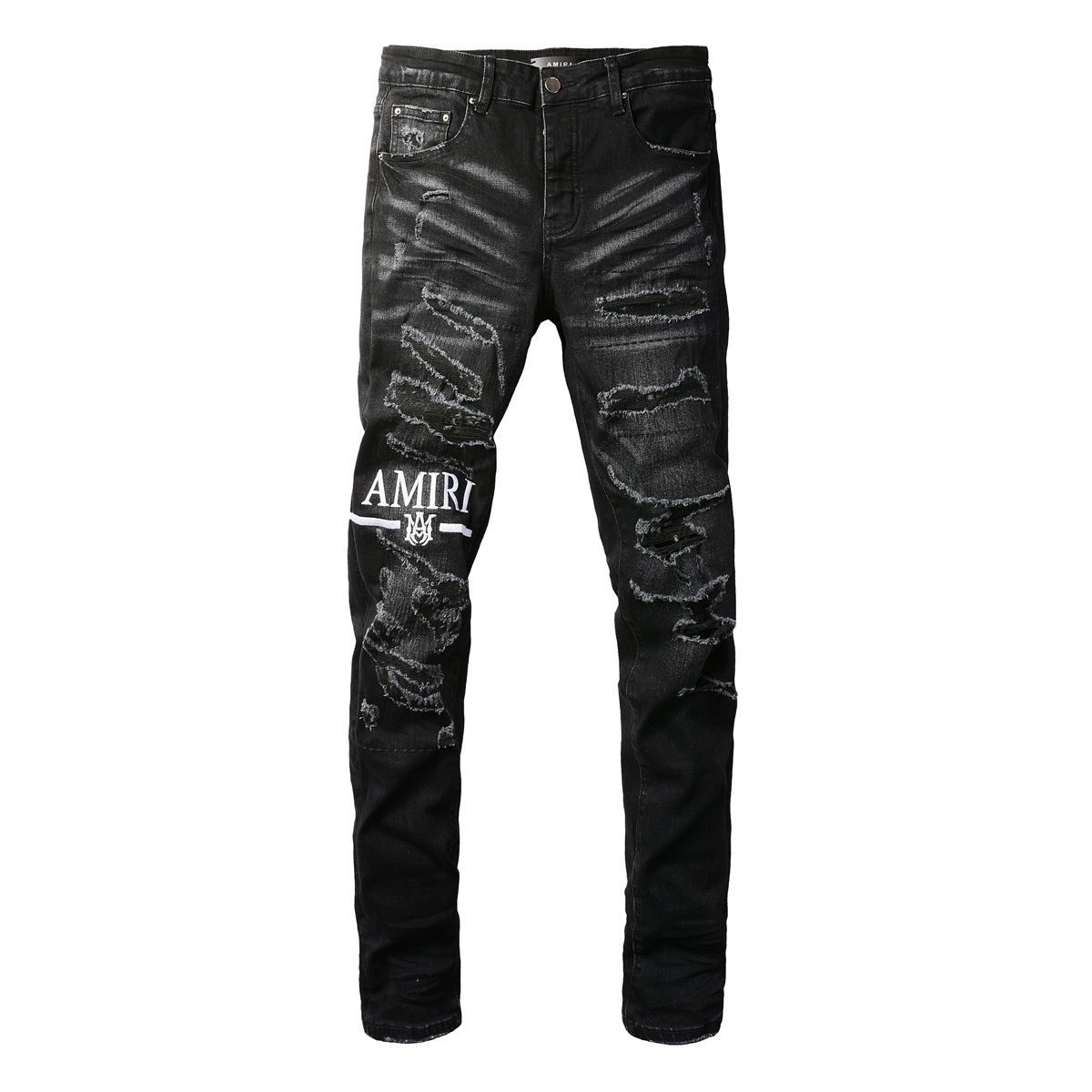 No. 8882 White Logo Ripped Jeans Black
