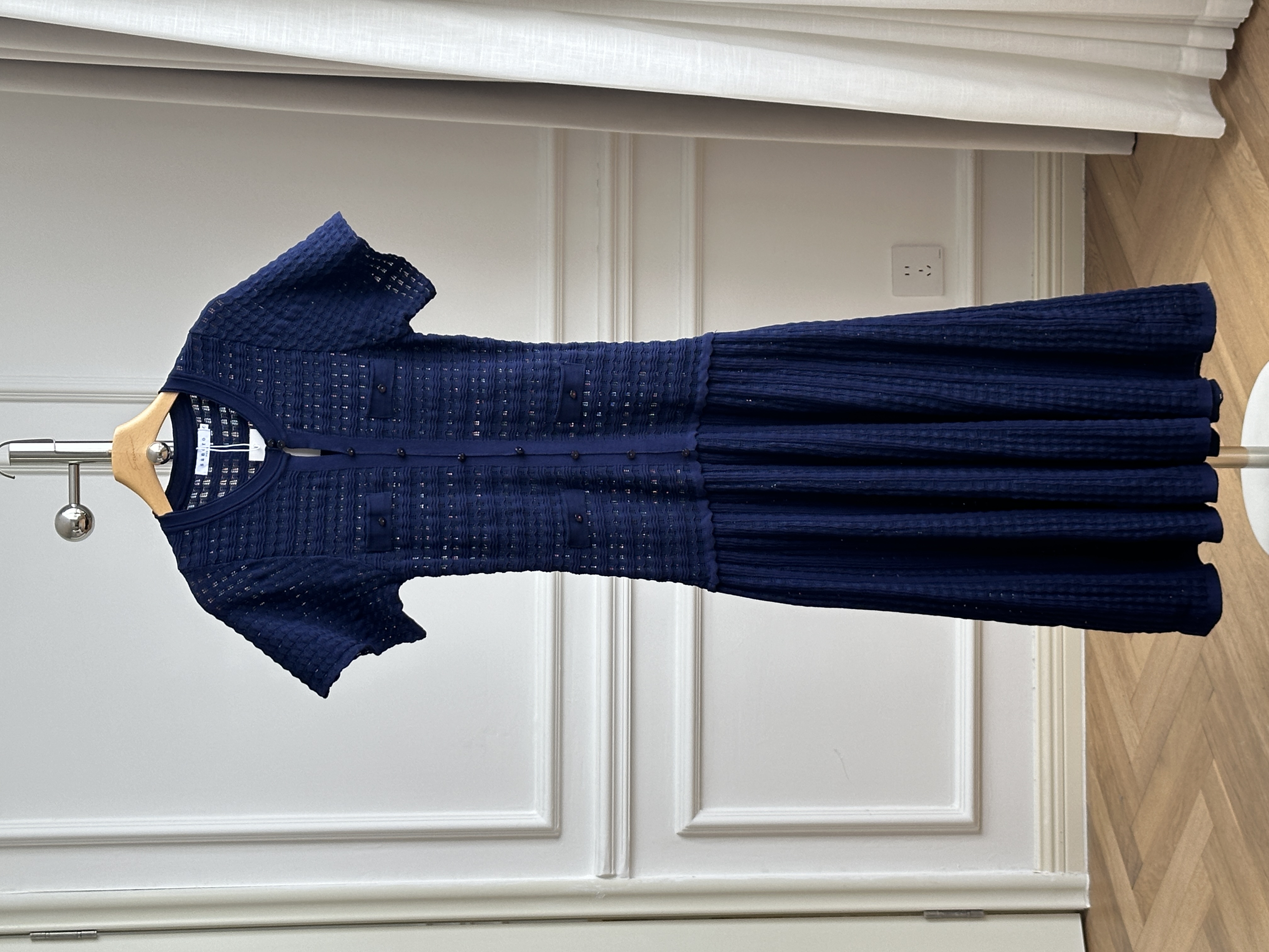 Round Neck Hollow Mesh Single-breasted Spliced Knit Maxi Dress