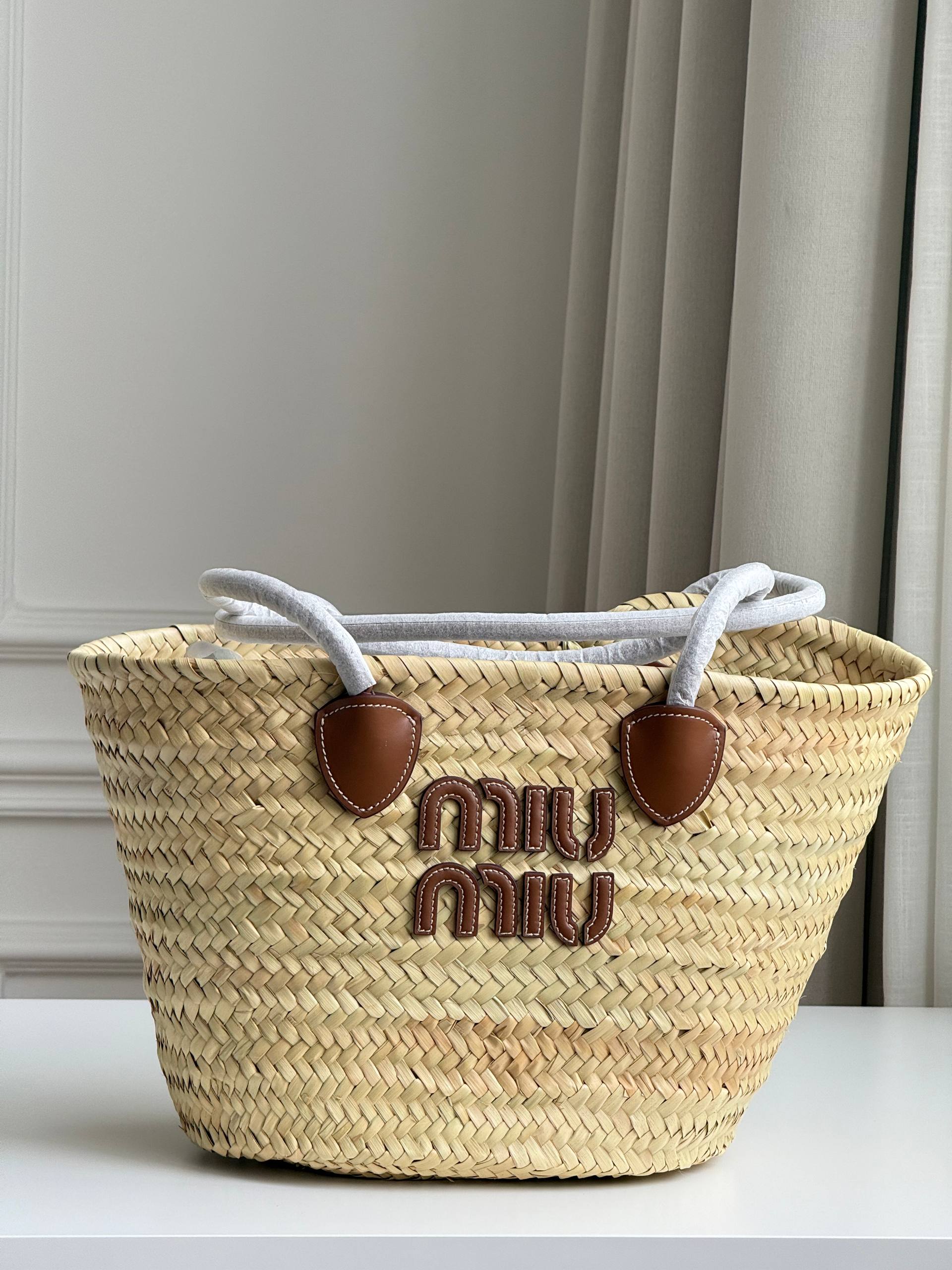 Miu Miu Straw Basket Tote Bag With Leather Logo